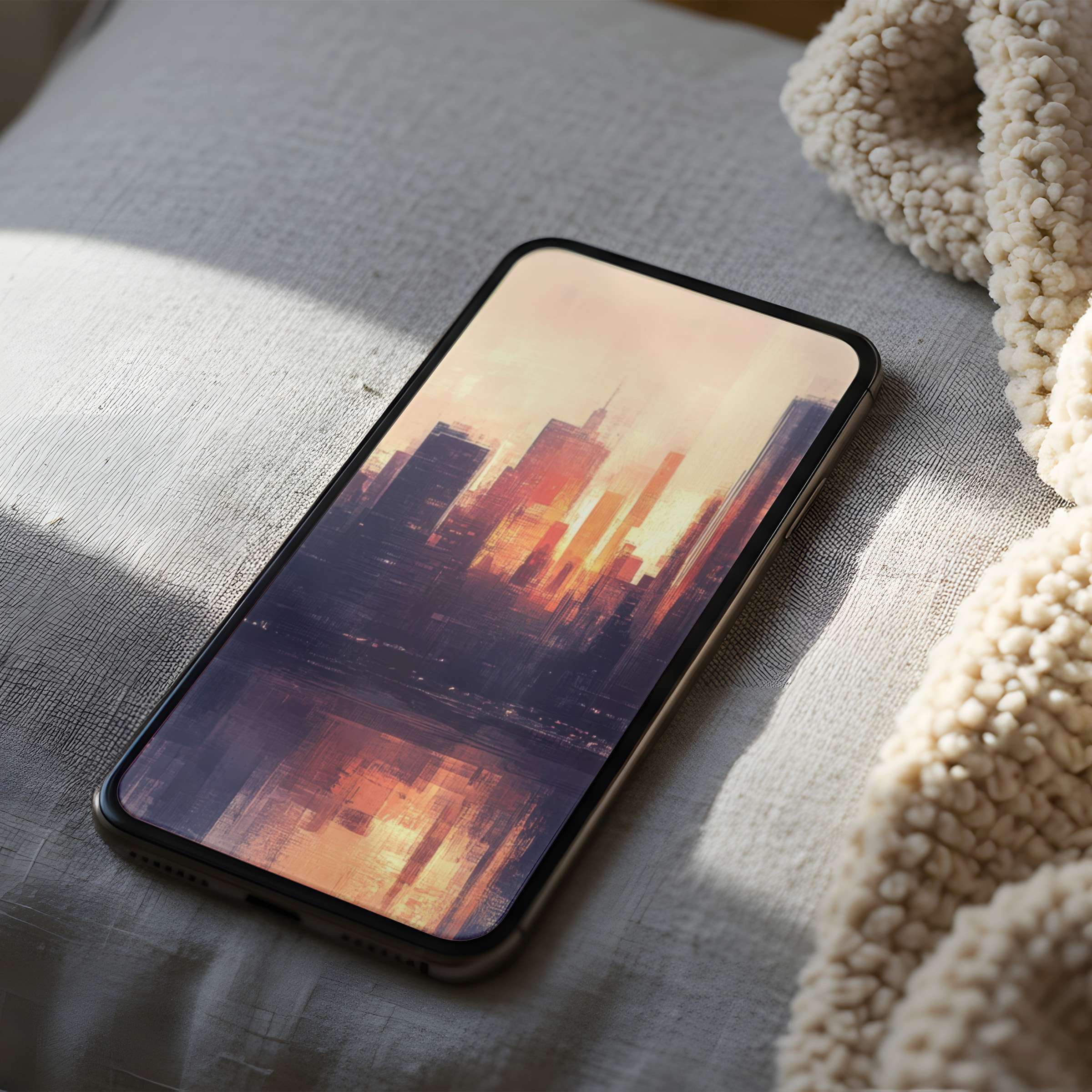 Elegant cityscape phone wallpaper in warm hues, perfect for iPhone or Android, enhances calm spaces with sustainable digital download
