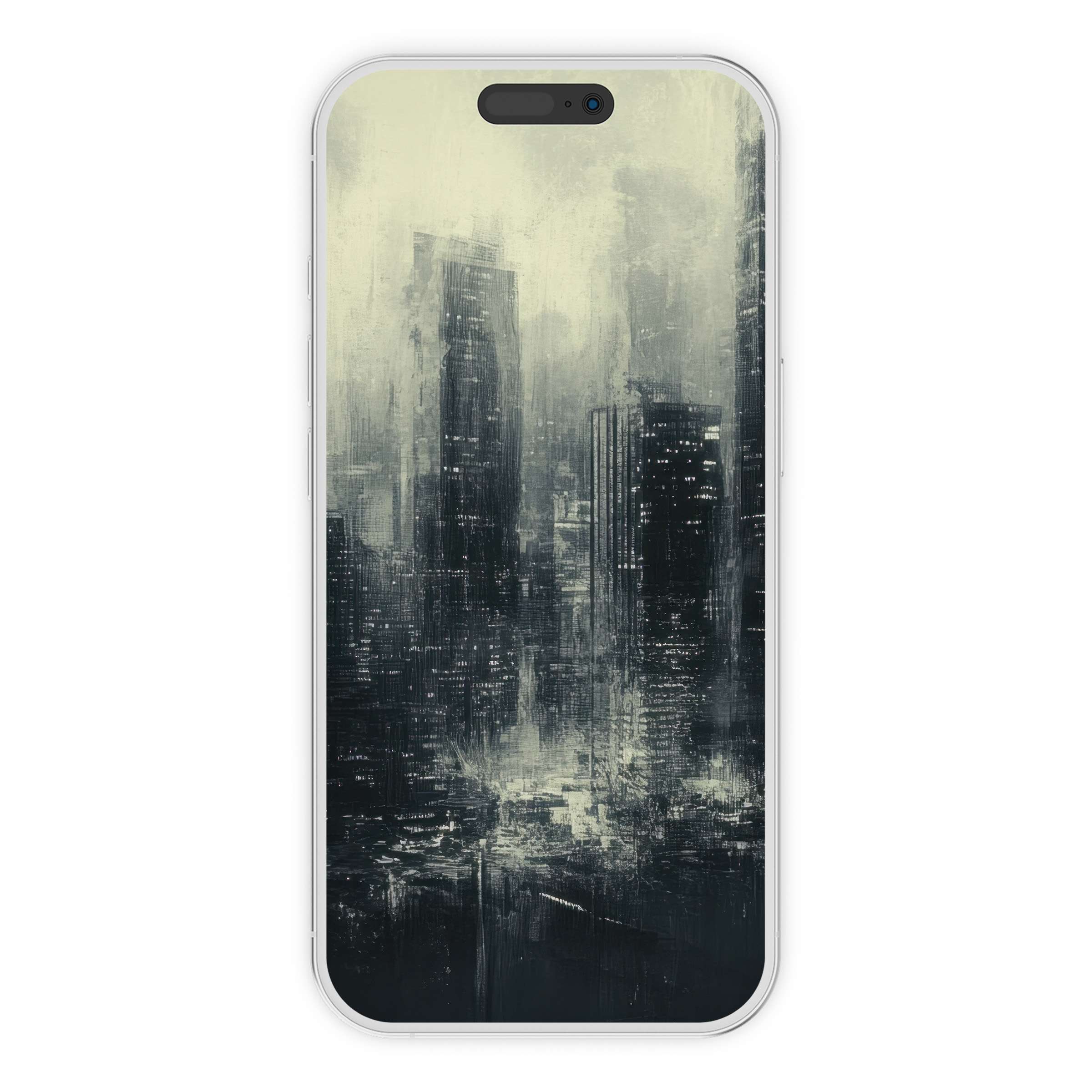 Urban art iPhone wallpaper features a serene monochrome cityscape, offering an elegant phone background for digital download and style