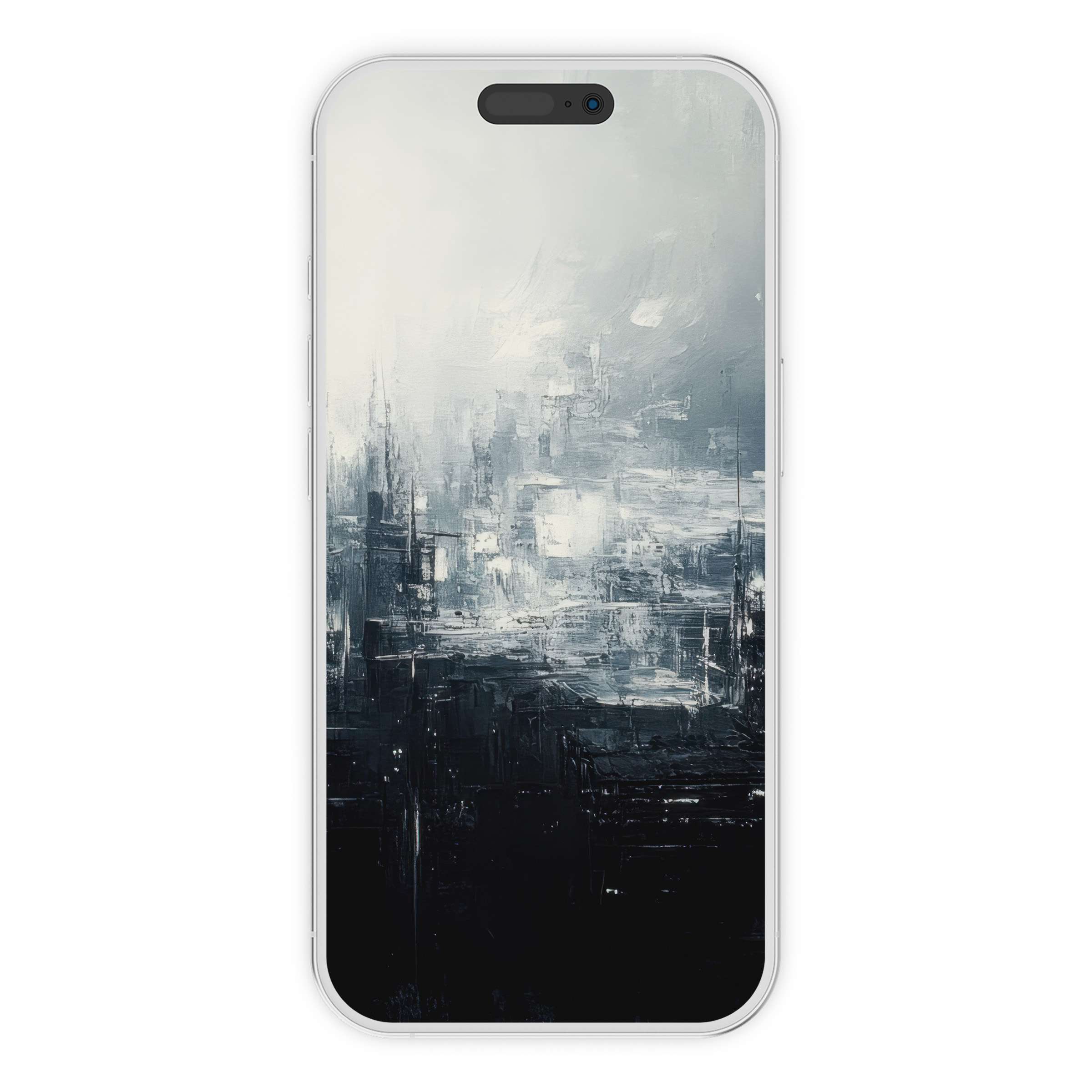 Urban art iPhone wallpaper with a serene abstract cityscape in cool tones, perfect for phone background, digital download available