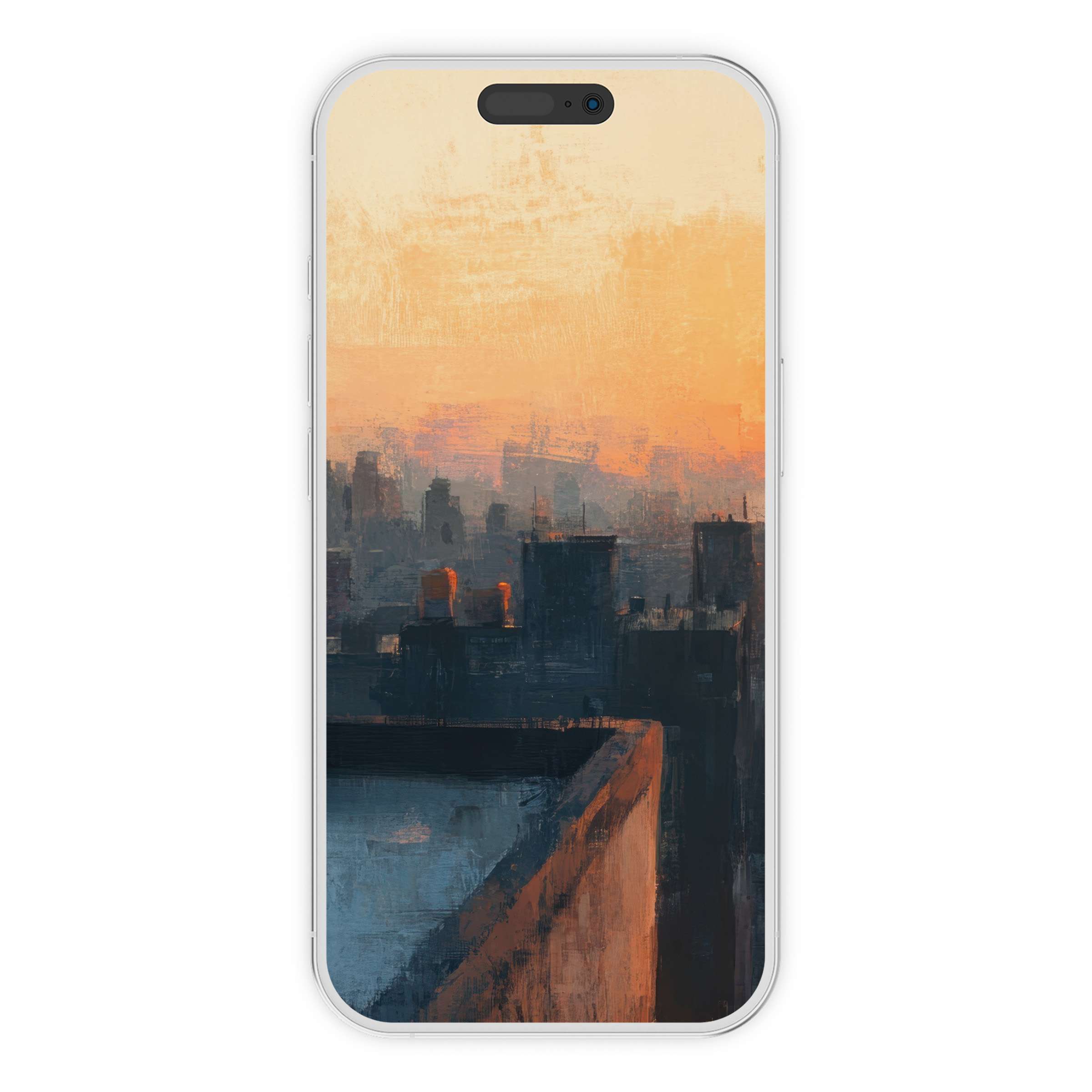 Urban art iPhone wallpaper showcasing a serene cityscape in warm tones, perfect phone background for iPhone and Android digital download