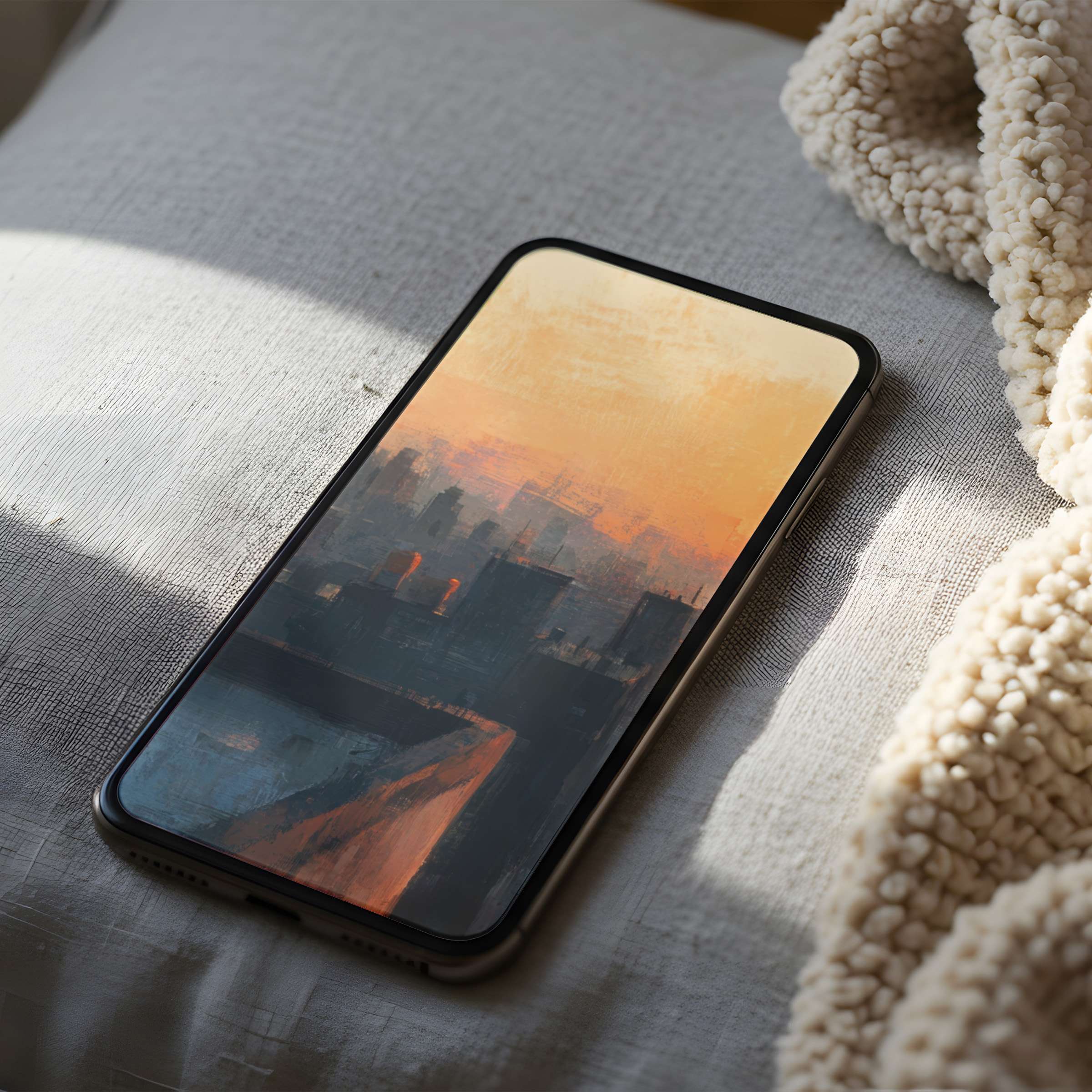 Elegant sunset cityscape phone wallpaper with warm hues and textured style offers a high-resolution digital download for iPhone and Android users