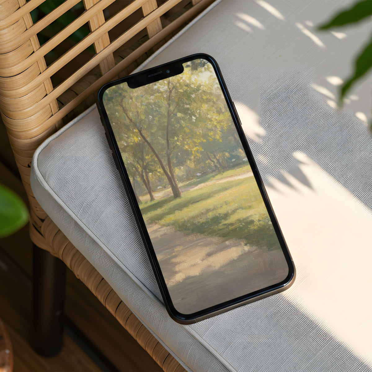 Elegant iPhone background art featuring serene sunlight through trees evokes calm and inspiration for phone instant download