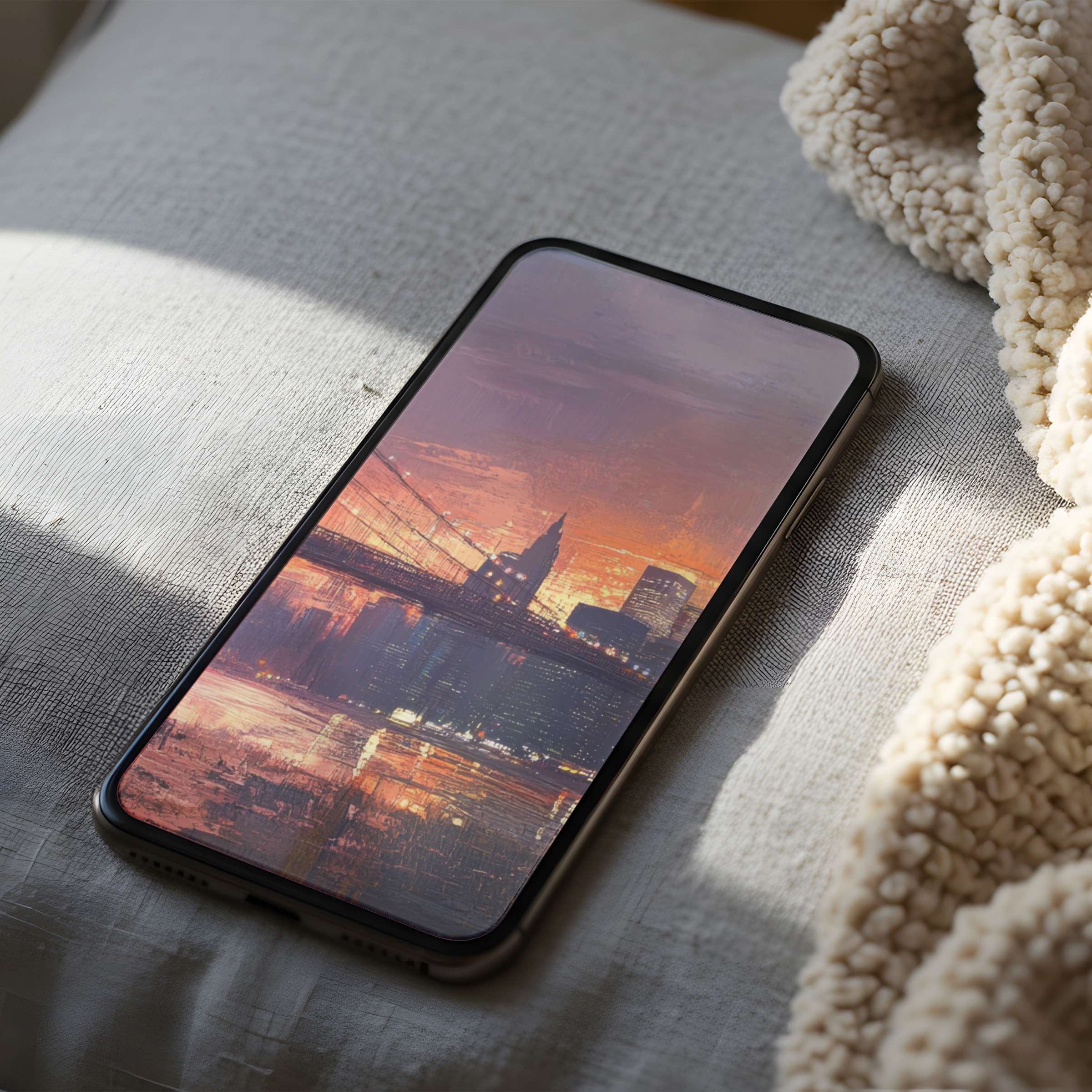 Elegant cityscape phone wallpaper featuring a sunset over a bridge with warm hues ideal for serene digital download on iPhone and Android