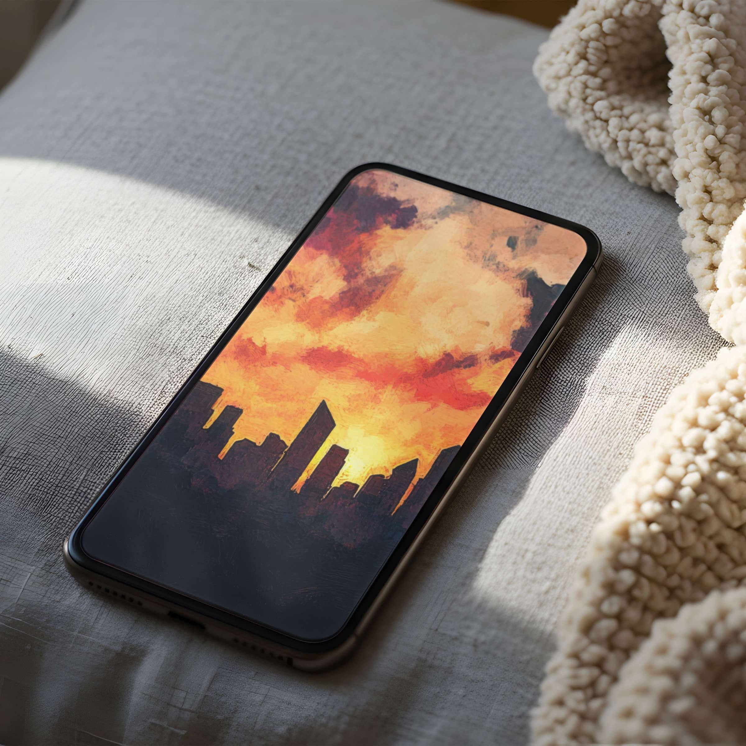 Elegant phone wallpaper featuring a sunset cityscape in warm tones inspiring tranquility suitable for high resolution iPhone and Android screens