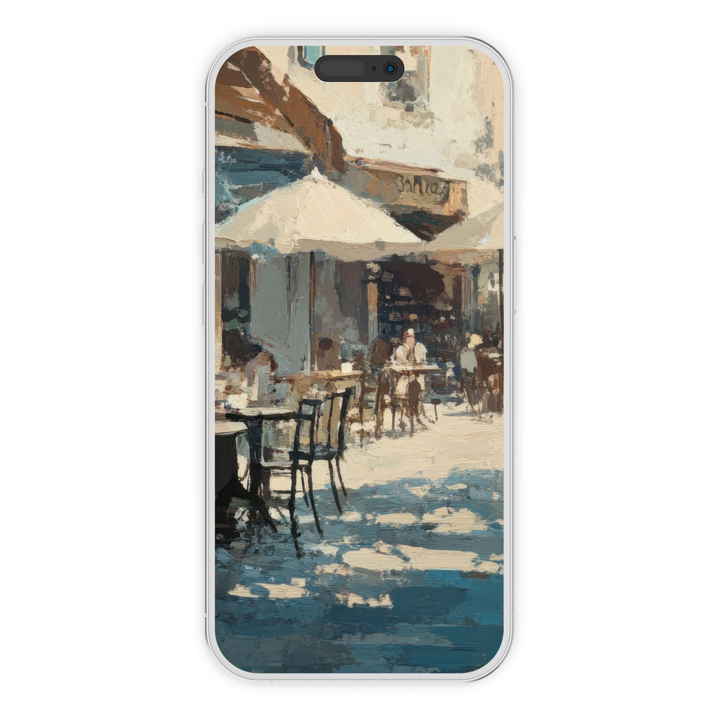 Urban art iPhone wallpaper featuring serene café scene with soft brush textures, ideal phone background for digital download elegance