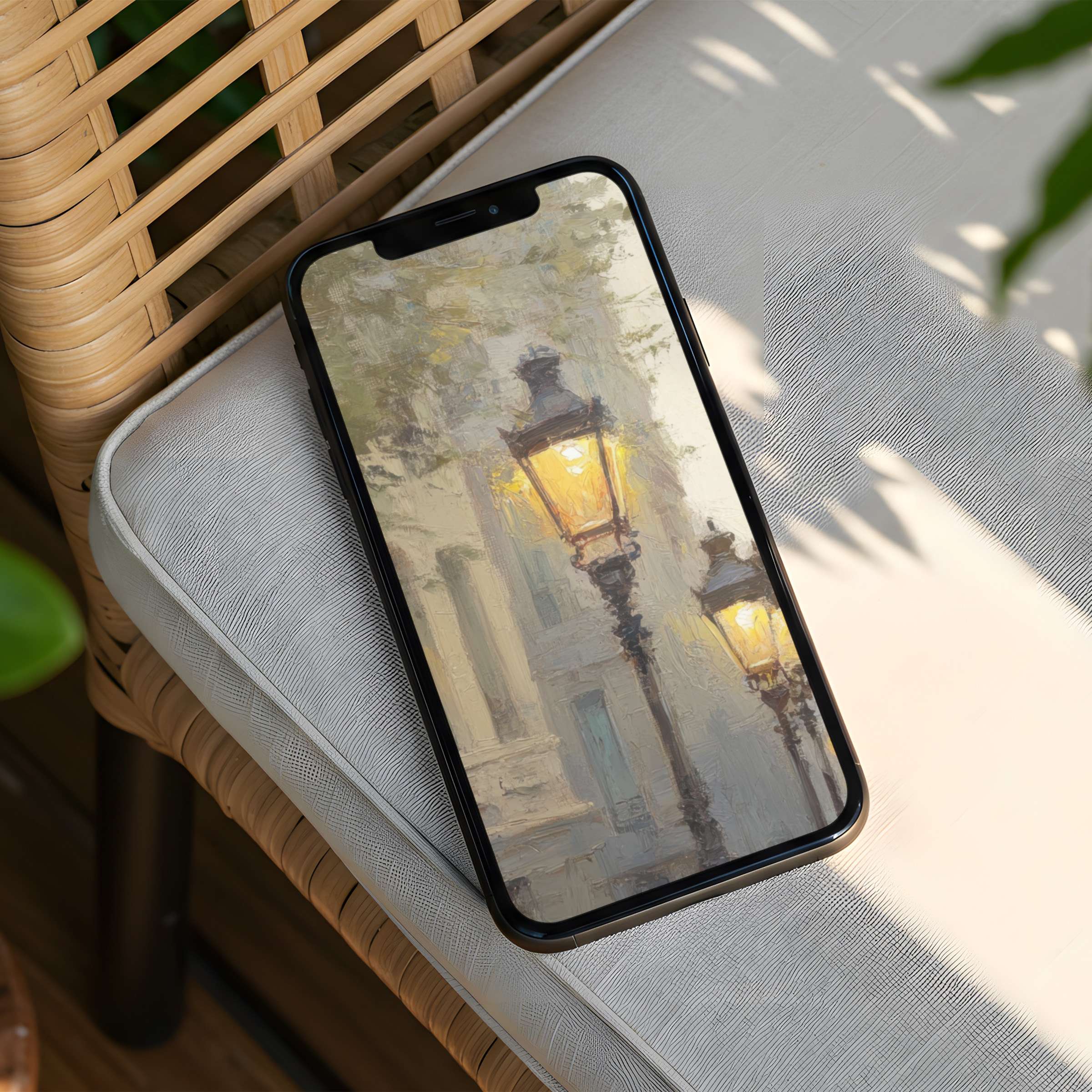 Elegant iPhone background with vintage street lamps in a dreamy watercolor style for instant download on any phone inspiring tranquility