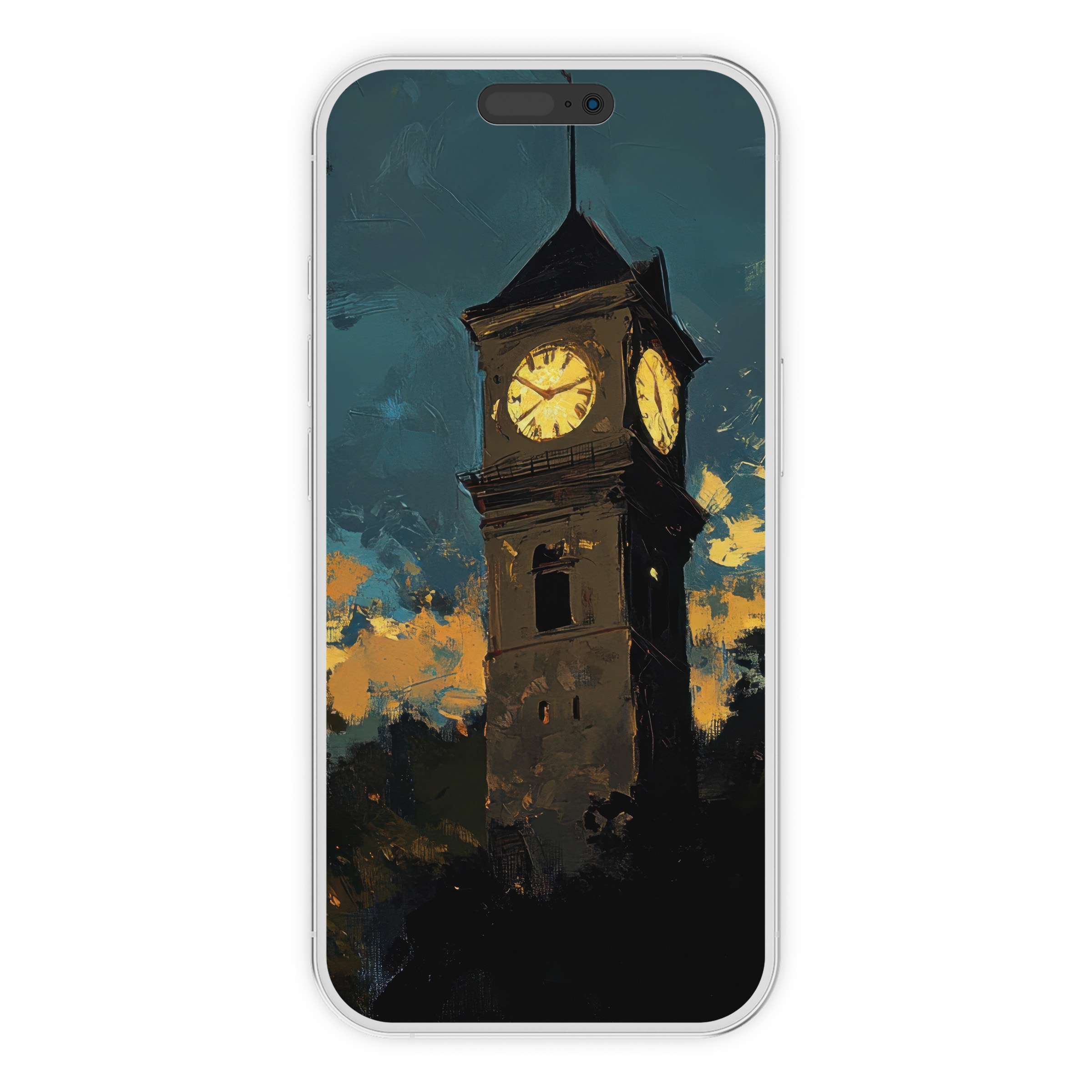 Urban art iPhone wallpaper featuring a clock tower at dusk in rich blues and golds digital download for phone background elegance
