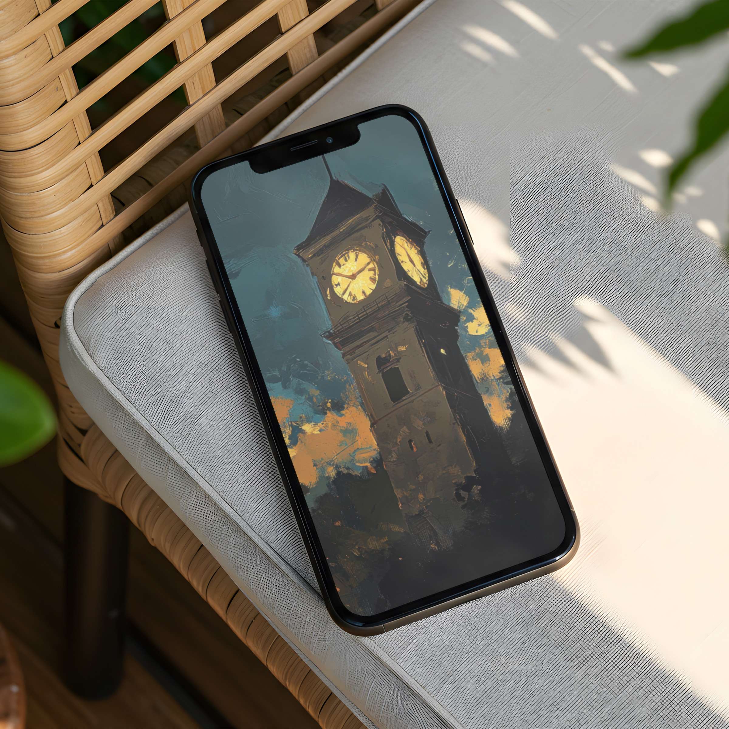 Elegant iPhone background featuring a serene clock tower painting on a phone, offering instant download for design-conscious users