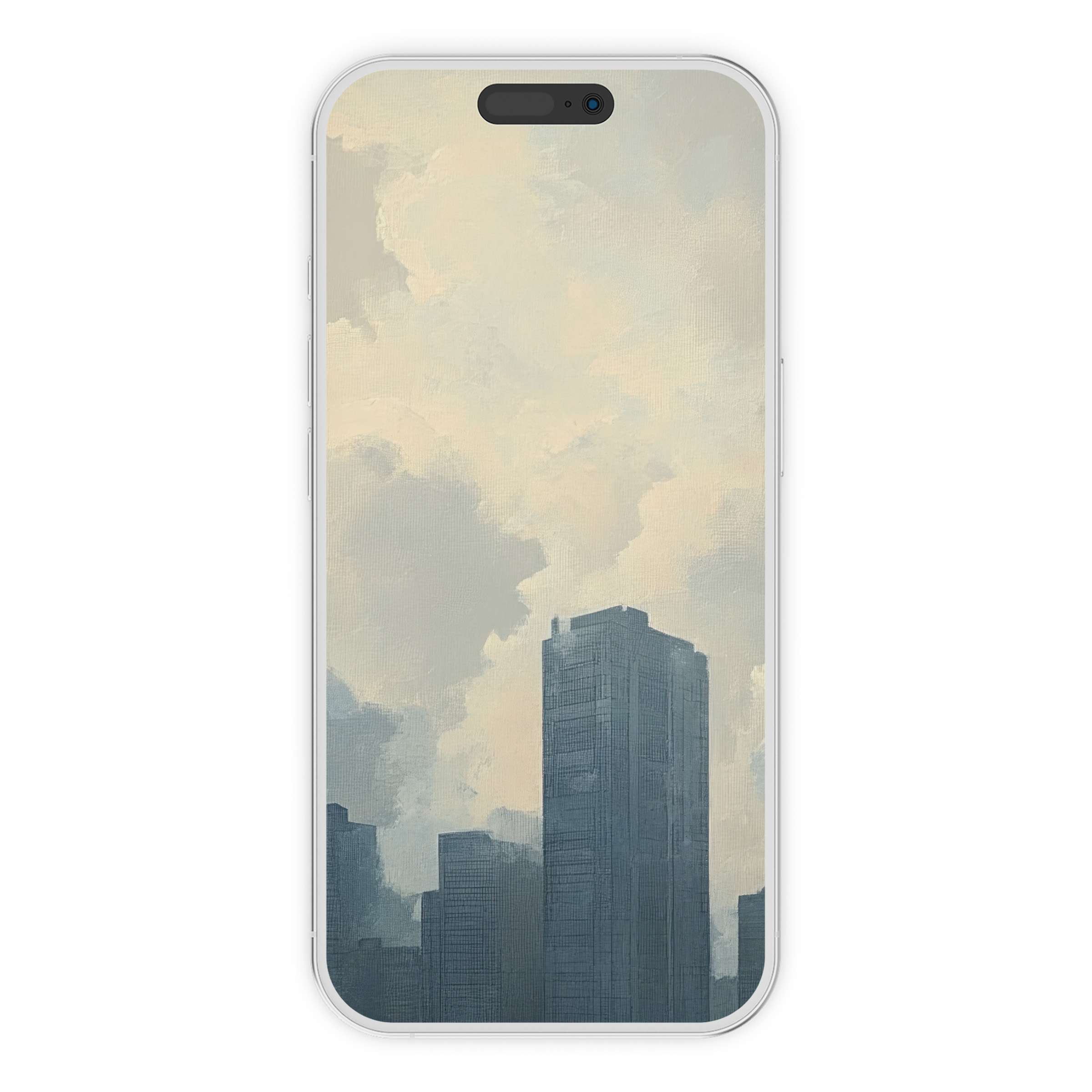 Urban art iPhone wallpaper featuring serene cityscape with soft gray-blue tones, ideal for phone background digital download