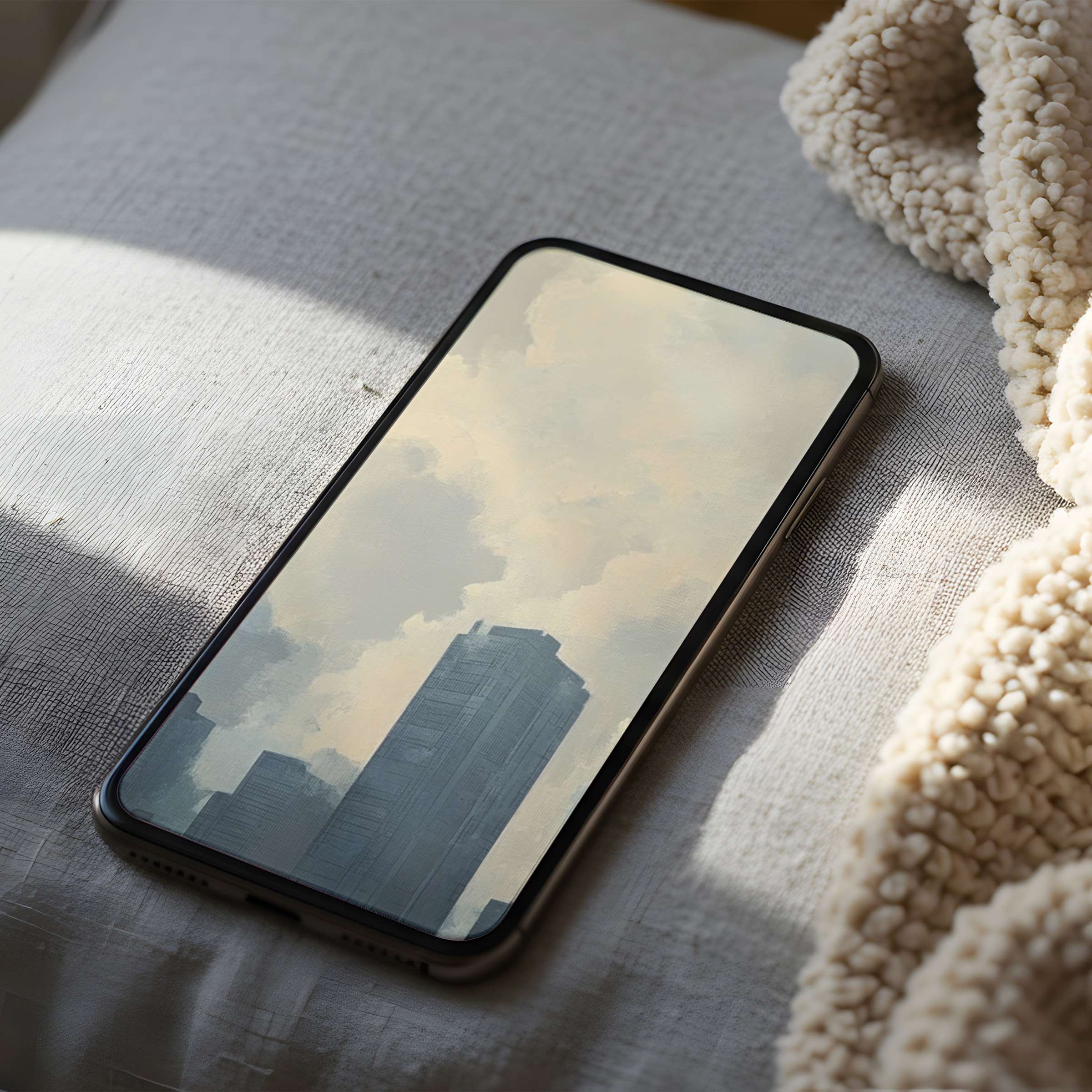 Elegant skyscraper phone wallpaper depicting serene clouds in high resolution, perfect for iPhone and Android digital download
