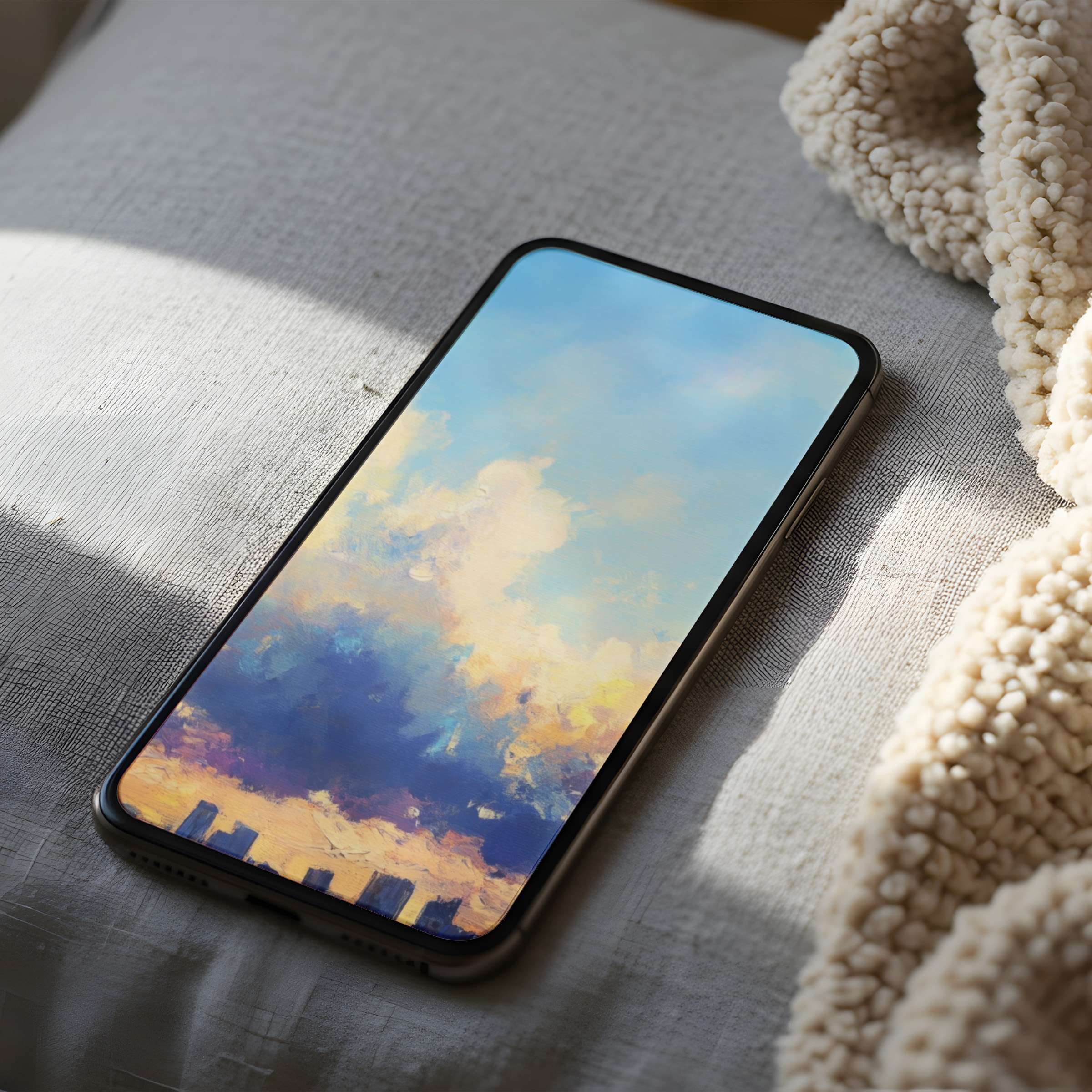 Dreamy phone wallpaper with soft pastel clouds and serene sky, perfect for iPhone or Android, offering a calming digital download