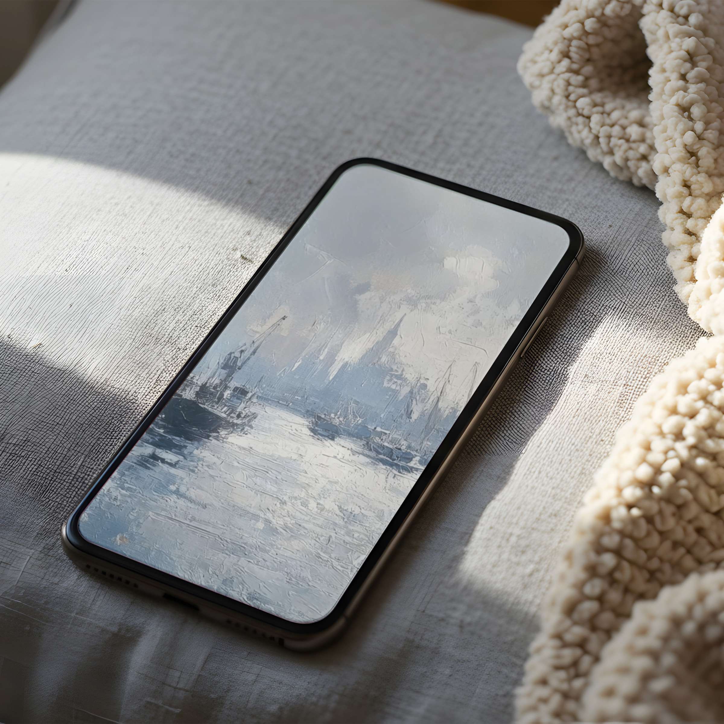 Elegant phone wallpaper featuring a serene seascape in soft blues and whites, perfect for iPhone and Android users seeking a curated, calming digital download