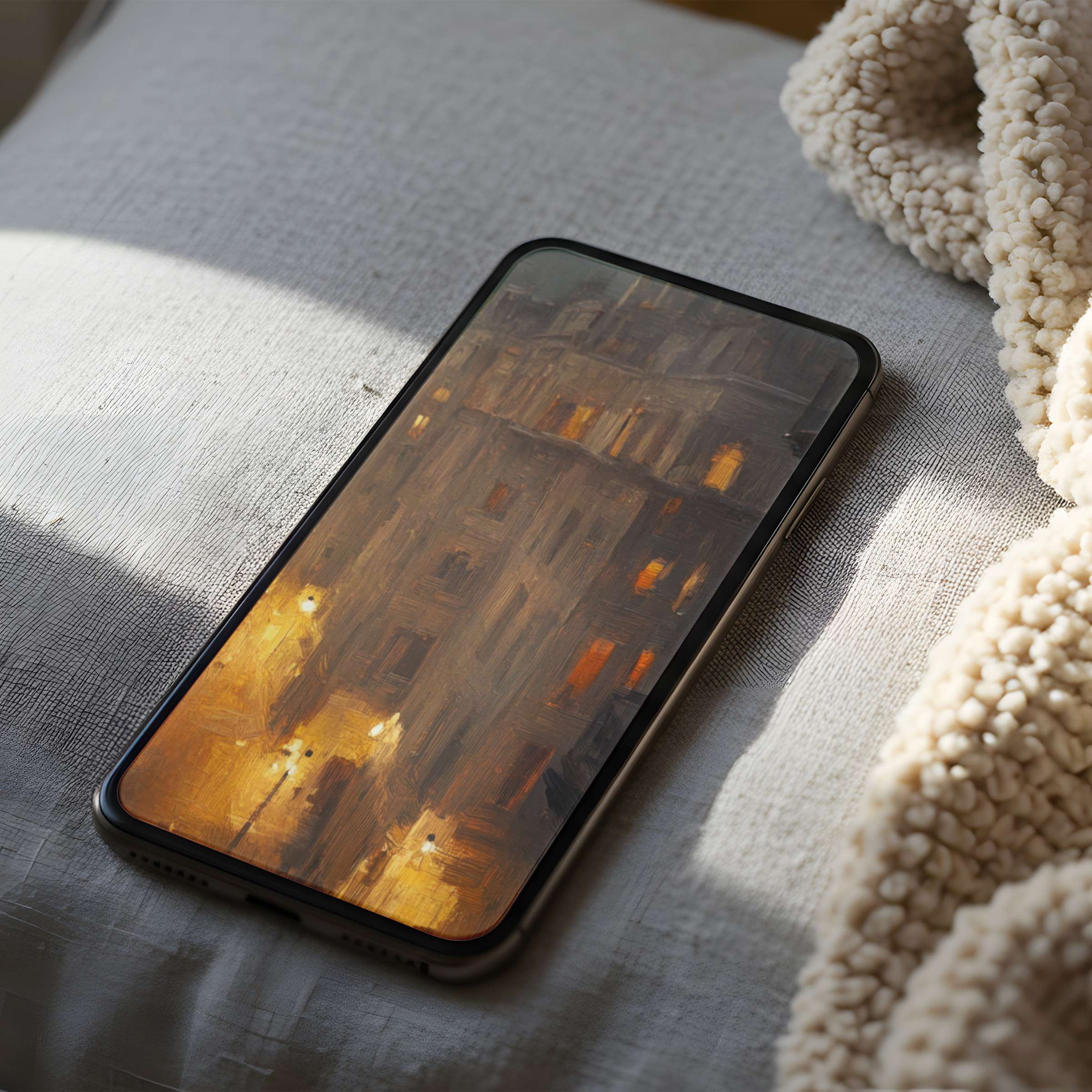Elegant phone wallpaper featuring a serene cityscape in warm tones, perfect for iPhone or Android, enhancing calm and style with high resolution