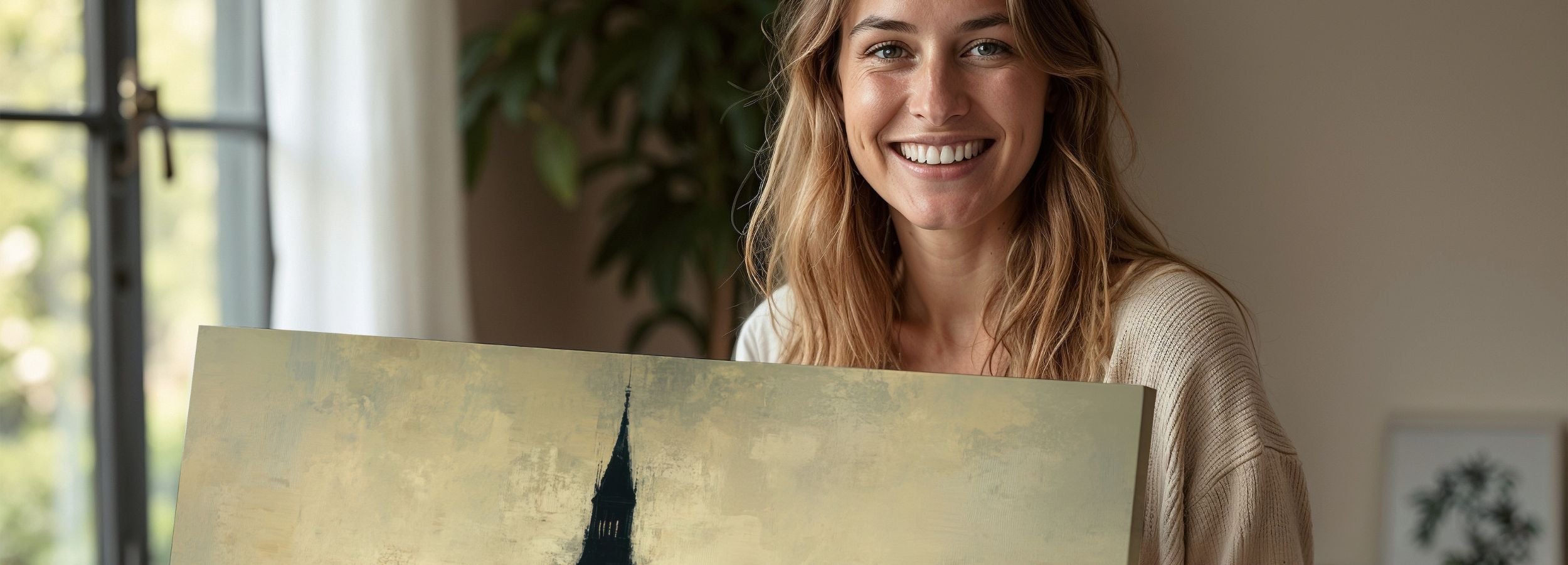 Smiling woman holding a warm-toned tree art print in a cozy, softly lit home - natural textures, calming colors, and inviting organic decor that reflects serene, intentional living