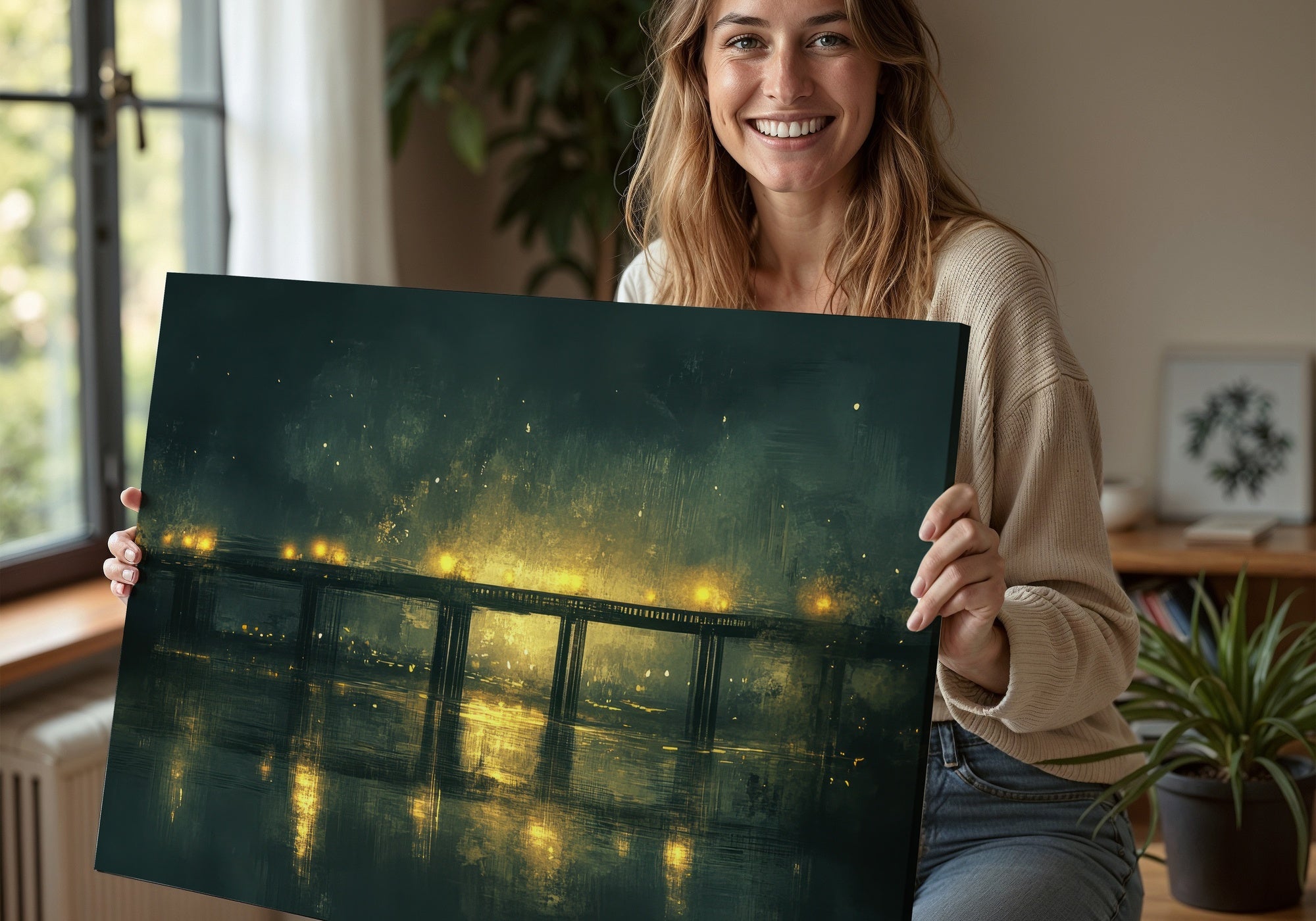 Smiling woman holding a modern digital art print featuring a glowing bridge reflected on water, with warm golden lights against a dark green background, in a cozy living room setting