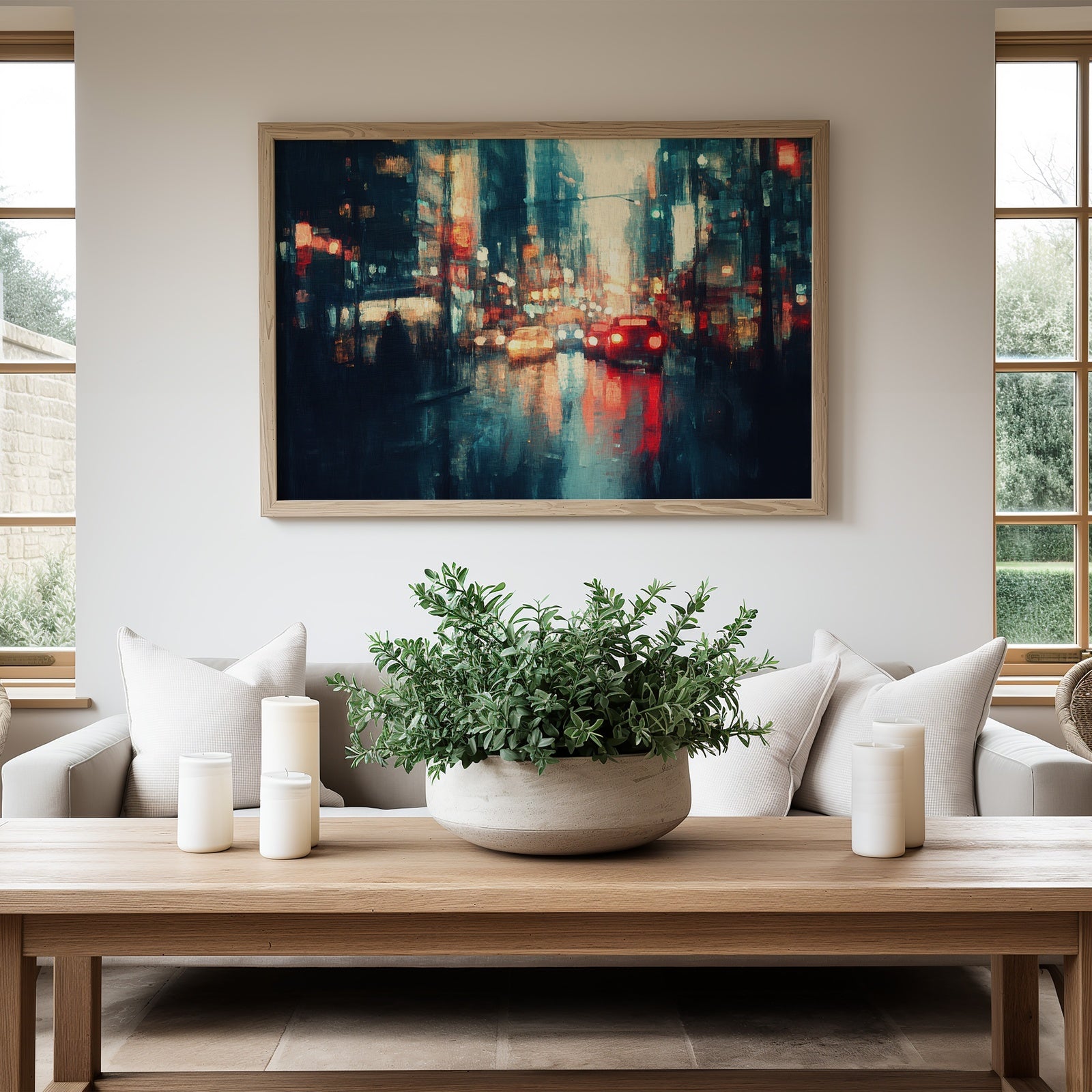 Urban cityscape printable wall art featuring a moody, painterly night street scene with glowing lights and blurred reflections - modern digital artwork styled for contemporary home decor