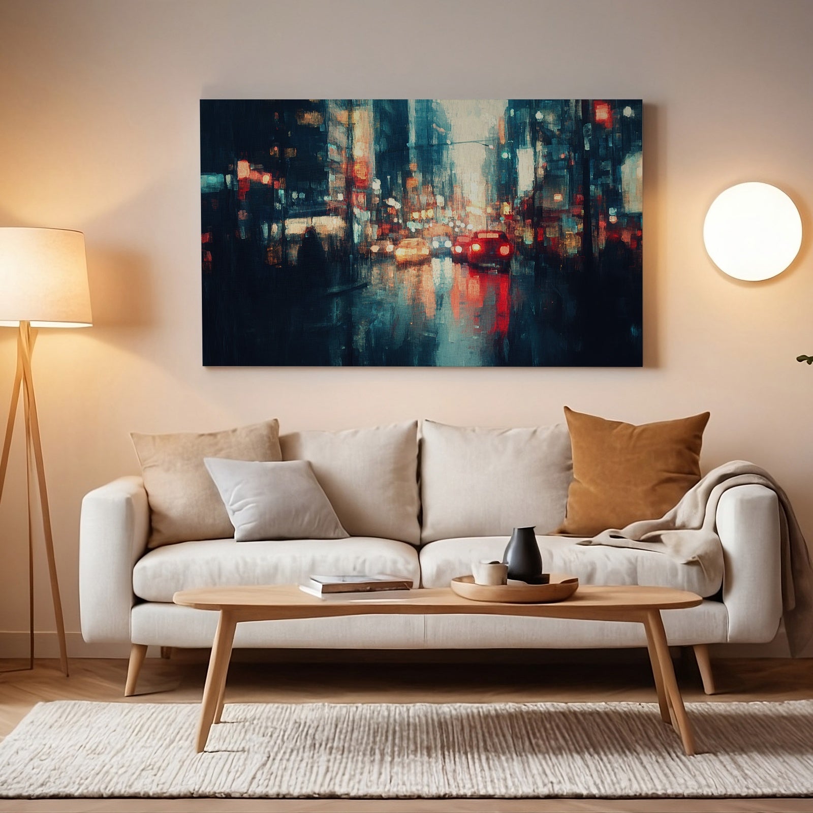 Urban downloadable wall art featuring a rainy cityscape with glowing streetlights and car reflections, displayed above a beige modern sofa in a cozy, softly lit living room.