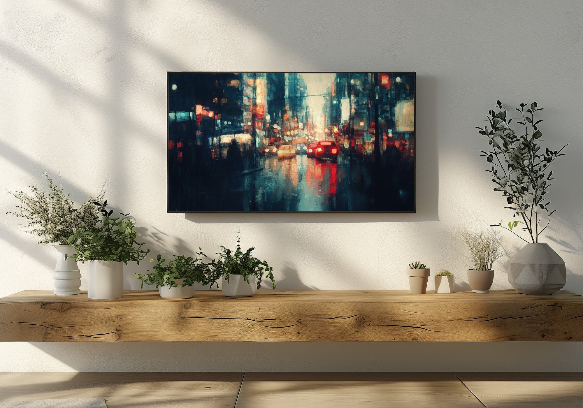 Urban Frame TV Art with Skyscrapers and Cars in Modern Living Room