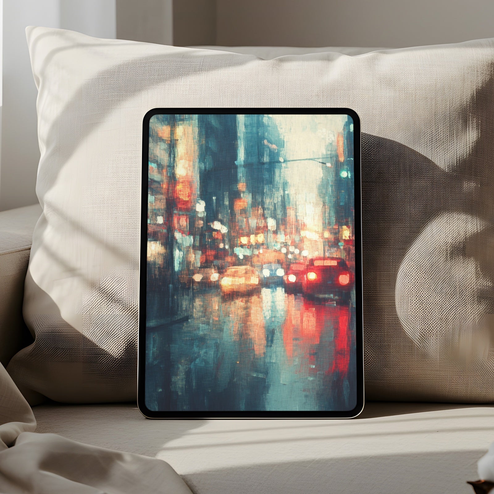 urban night cityscape iPad wallpaper with colorful lights and rainy reflections, artistic digital background for modern homes and creative tablet setups