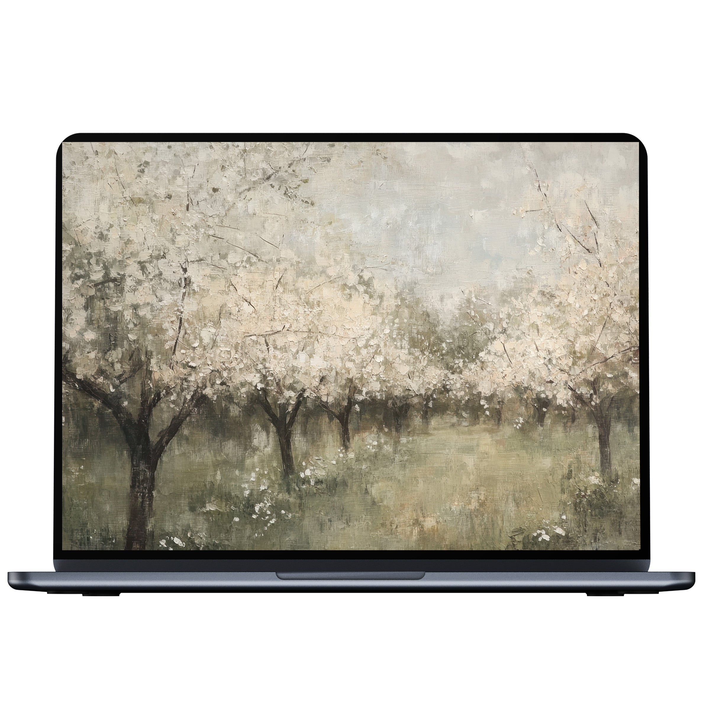 Vintage desktop wallpaper featuring serene blossoming trees in muted tones digital download creates calm elegance for PC or Laptop