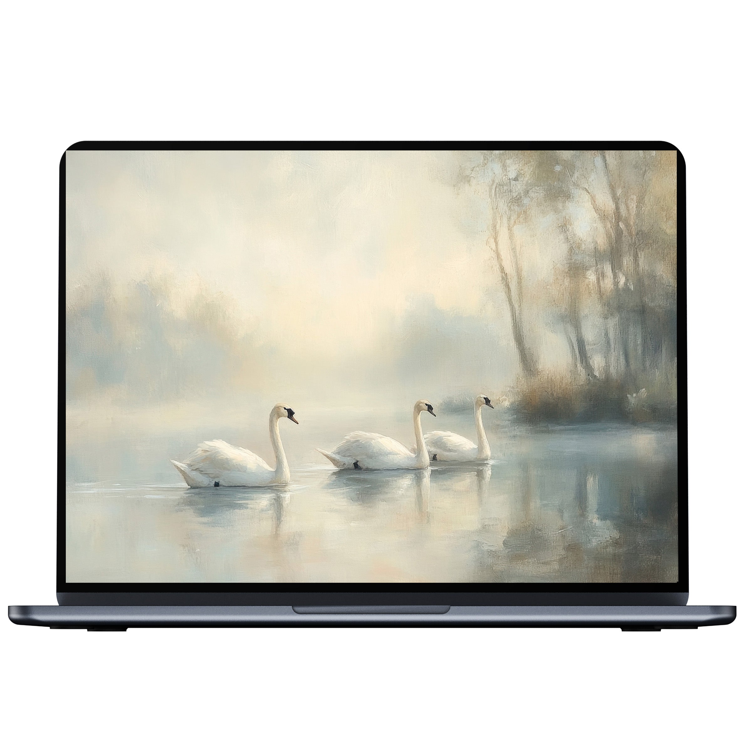Vintage desktop wallpaper of serene swans in misty waters brings calm elegance to PC and laptop settings, available as digital download