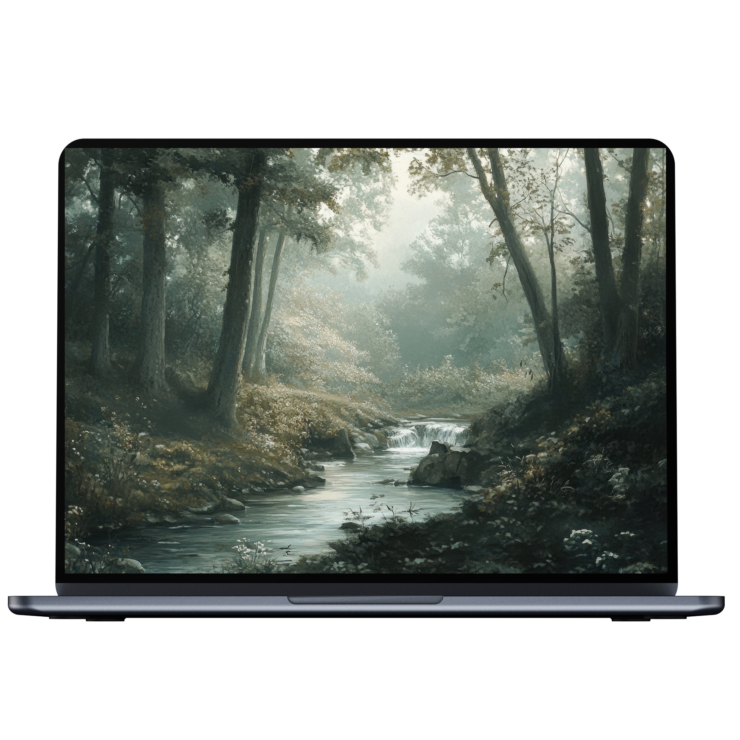 Tranquil vintage desktop wallpaper showcasing a serene forest stream in soft greens and grays, perfect digital download for PC or Laptop