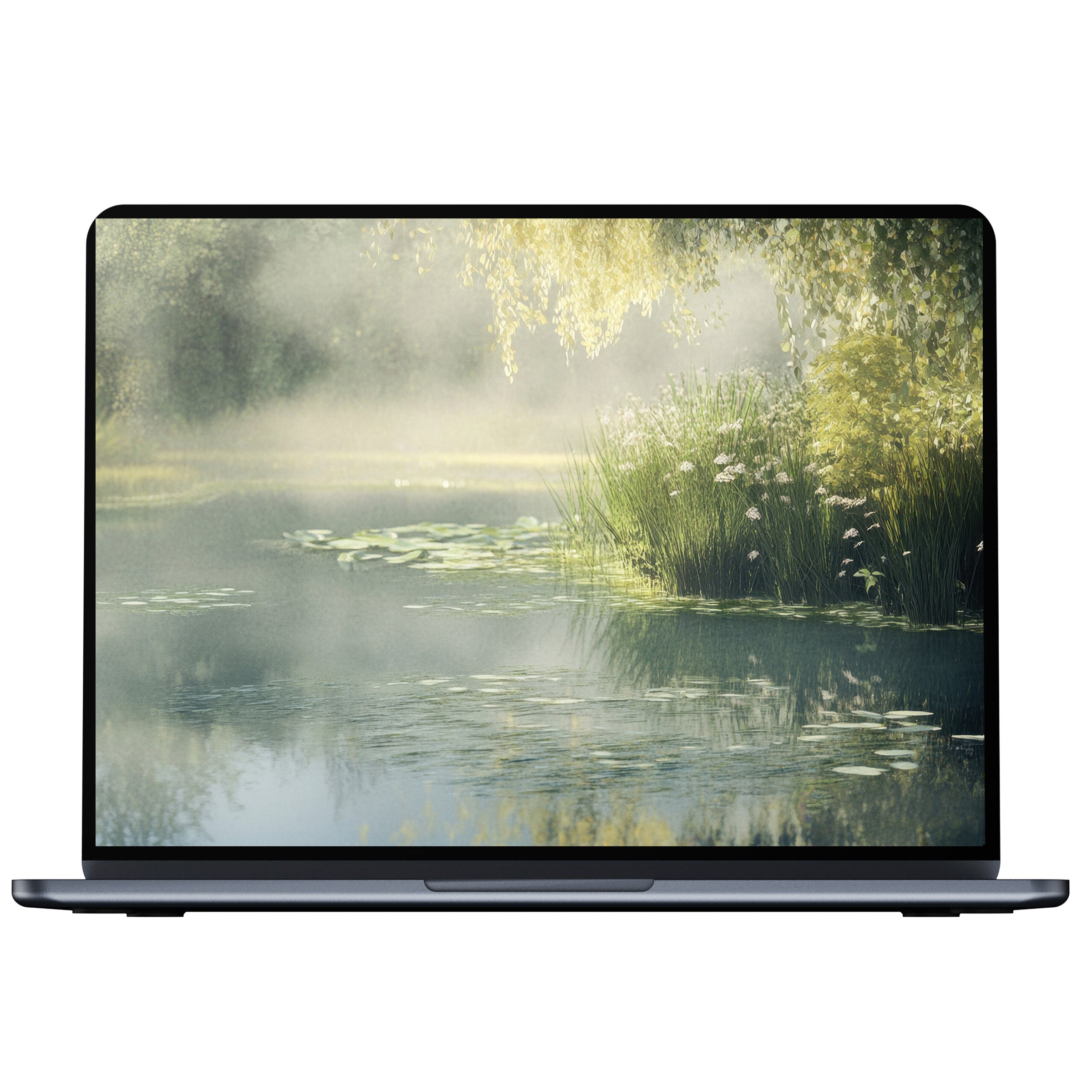 Vintage desktop wallpaper featuring a tranquil misty pond scene digital download perfect for PC or laptop creating elegance and calm