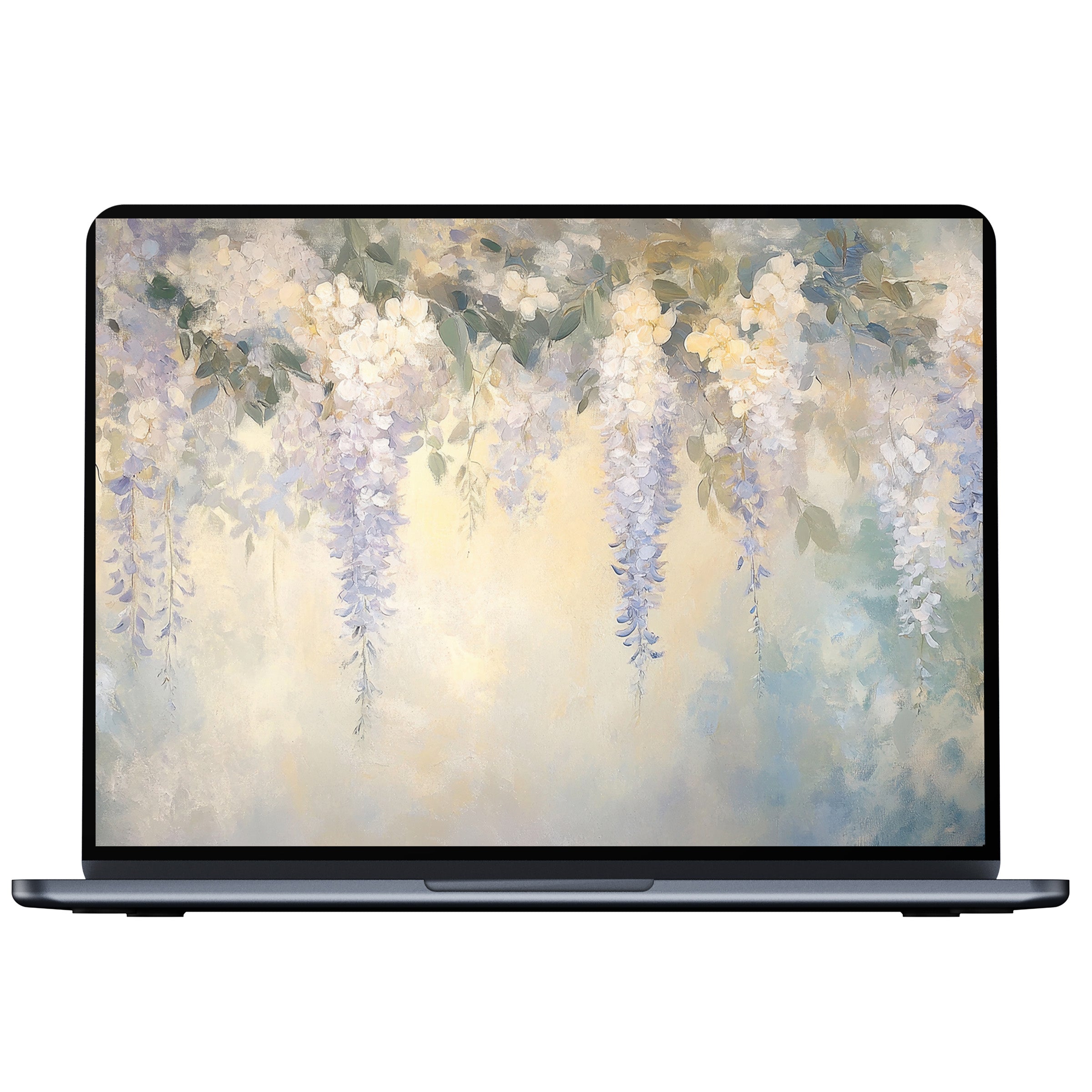 Vintage desktop wallpaper with serene floral art in soft pastel hues, perfect digital download for PC or laptop ambiance