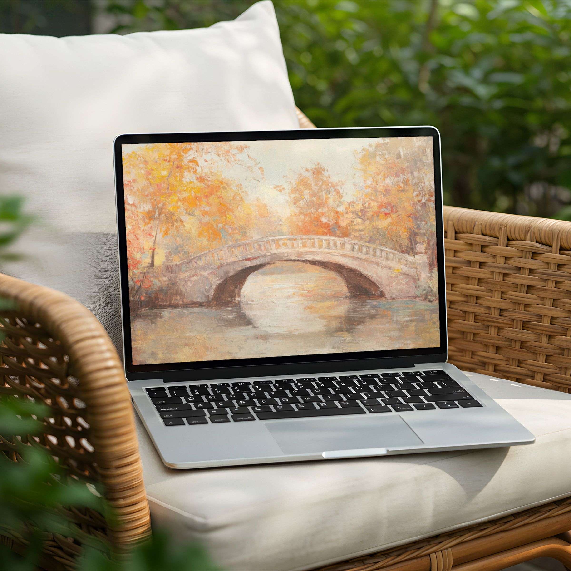 Autumn bridge painting as desktop background provides instant download for PC or laptop users seeking elegance and inspiration
