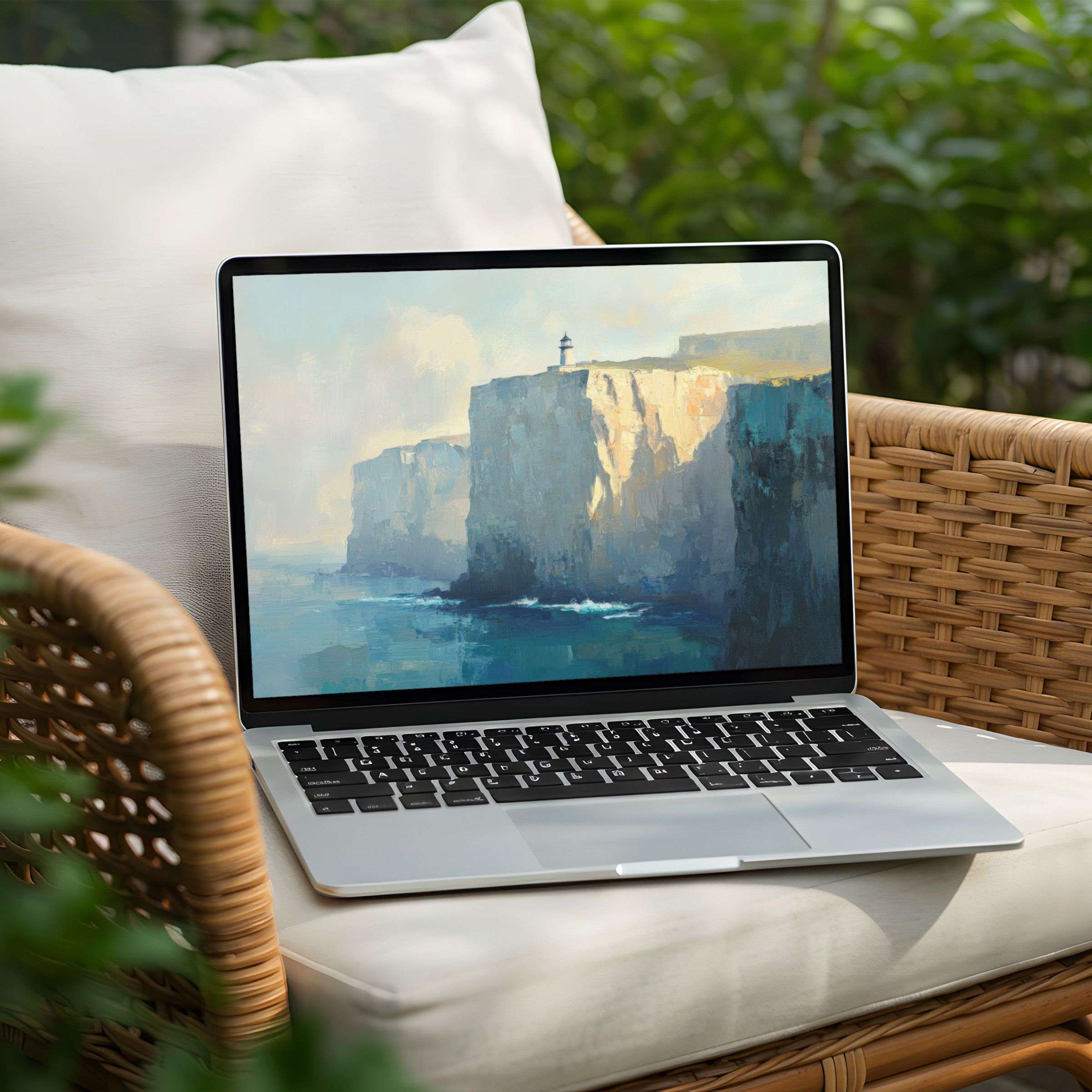 Serene cliffside art on a Laptop desktop background offers instant download for a calm, elegant touch to your PC experience