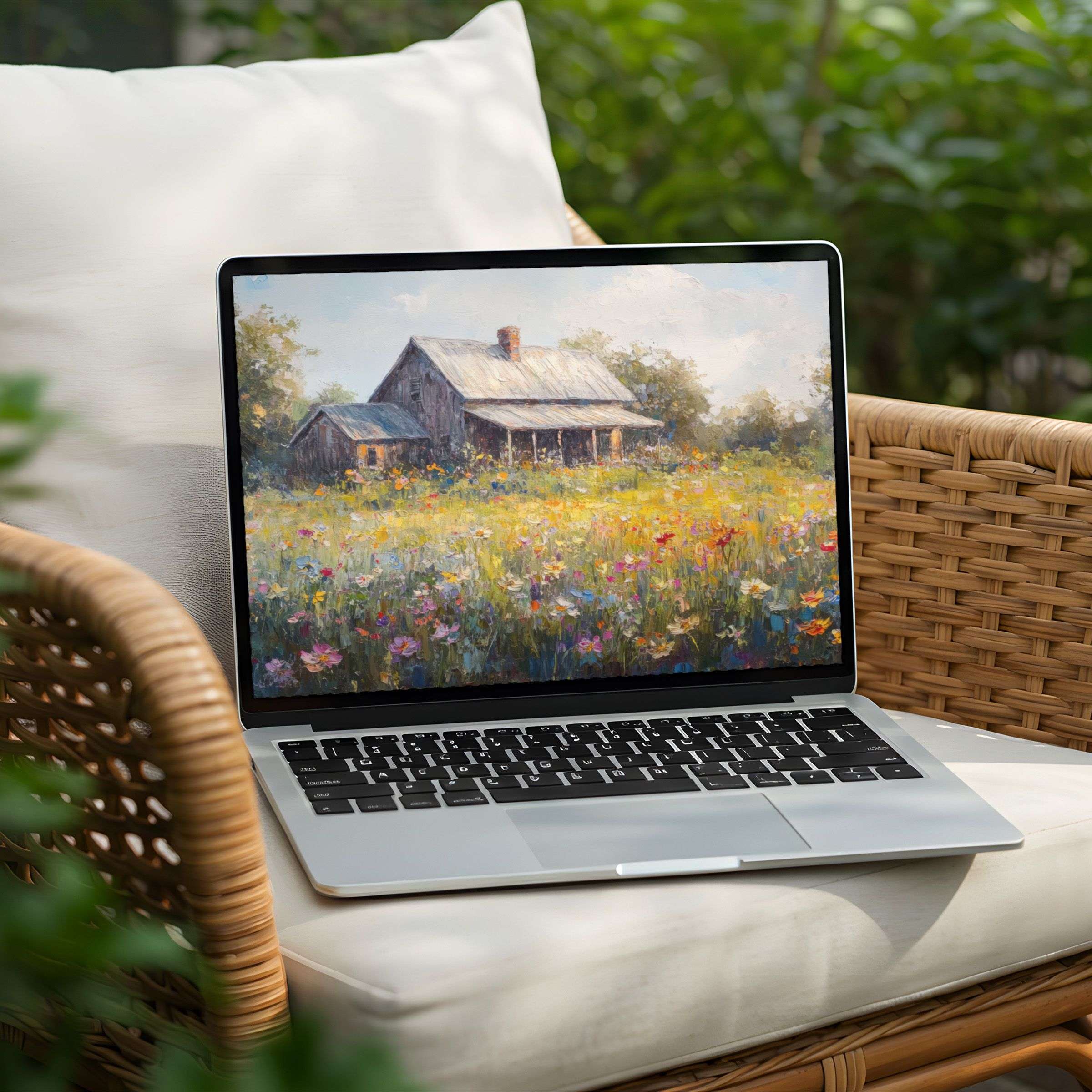 Elegant desktop background showcasing a serene cottage painting for instant download on PC or Laptop inspiring calm and mindfulness