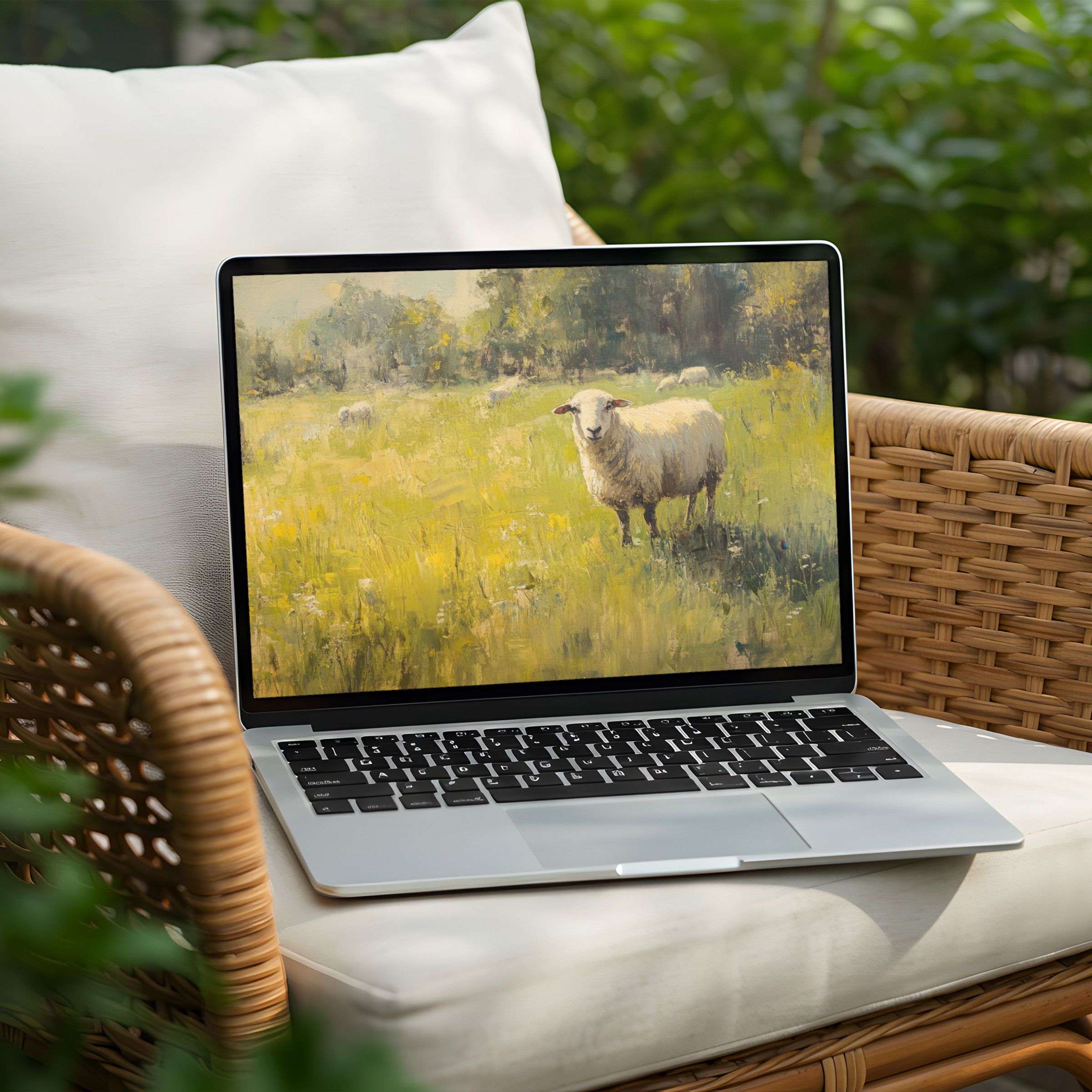 Serene sheep in a sunlit field digital art as desktop background for PC or Laptop instant download for mindful inspiration