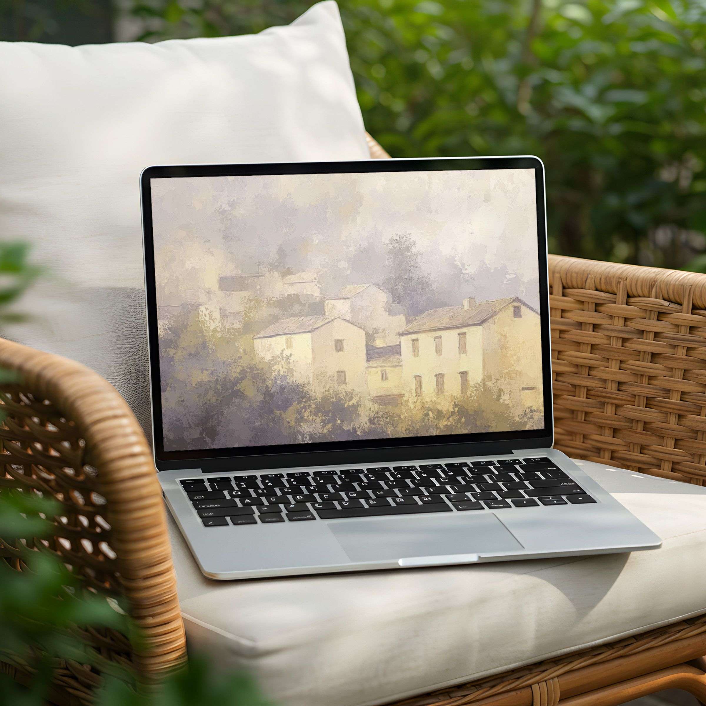 Serene pastel village scene desktop background for instant download on PC or Laptop inspiring calm and mindful elegance