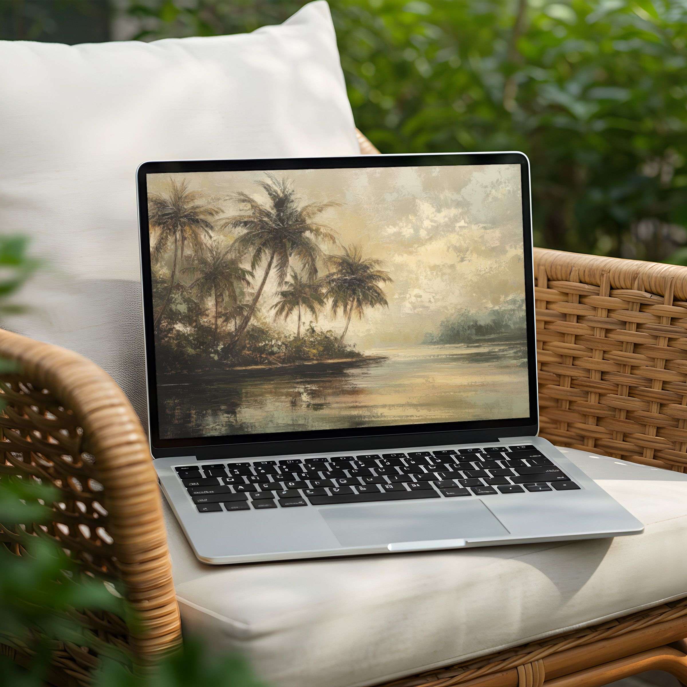 Tropical landscape painting as a desktop background for PC and Laptop instant download promoting calm elegance and inspiration