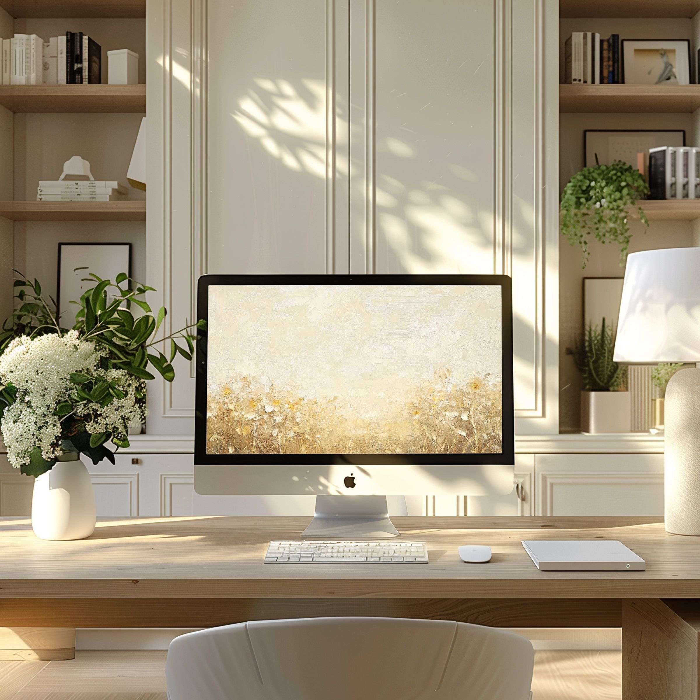 Elegant wallpaper for computer in soothing beige tones adds calm and inspiration to PC or laptop in modern home office setting