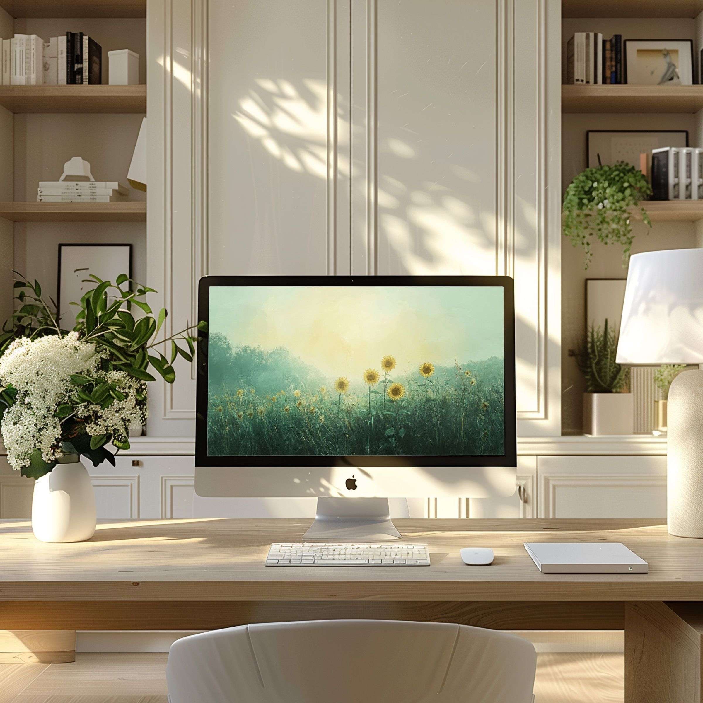 Calm and elegant digital art of sunflowers in misty fields as a wallpaper for computer fits any PC, laptop, or ultrawide screen