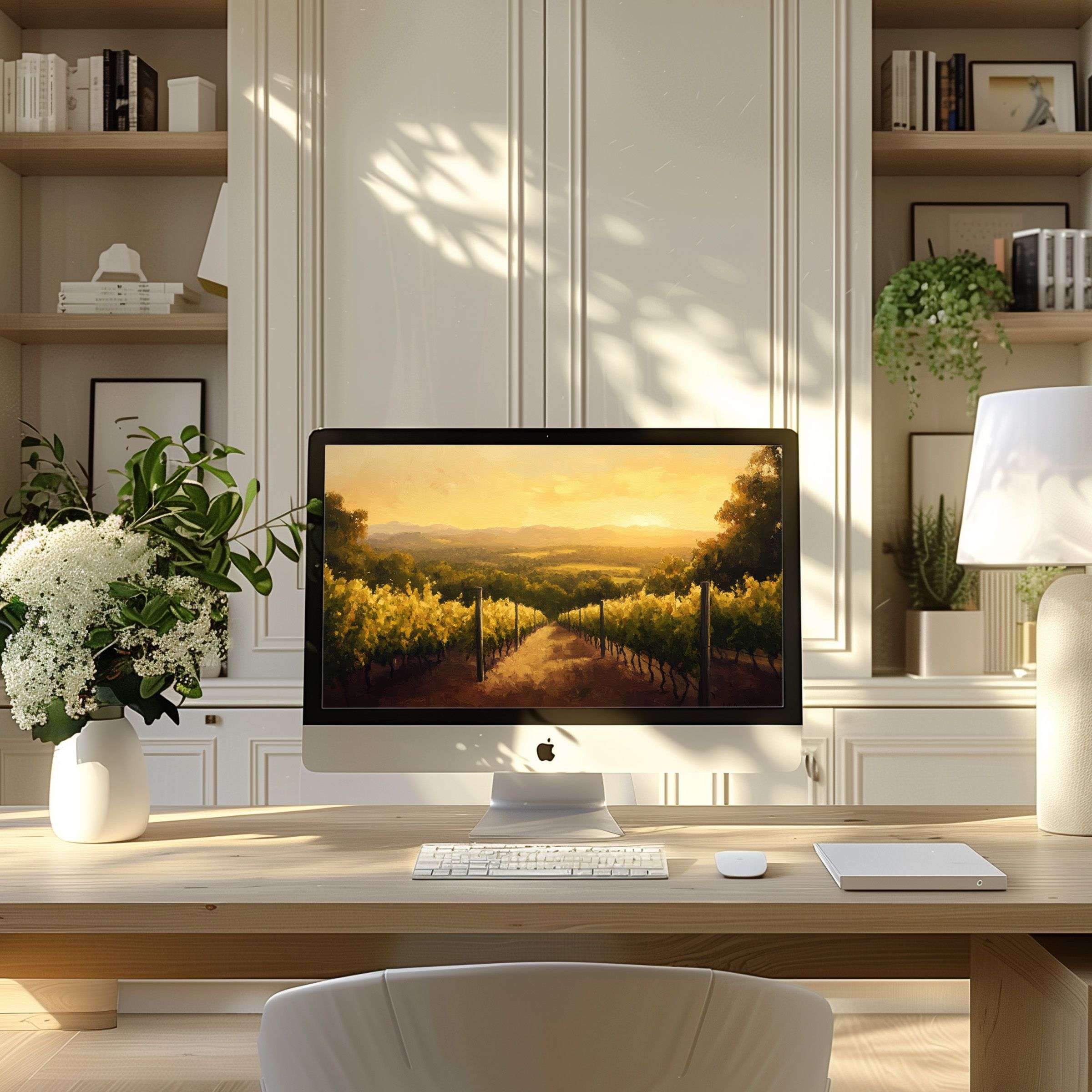 Wallpaper for computer featuring serene vineyard landscape in warm tones, perfect for modern PC or laptop, inspiring calm elegance