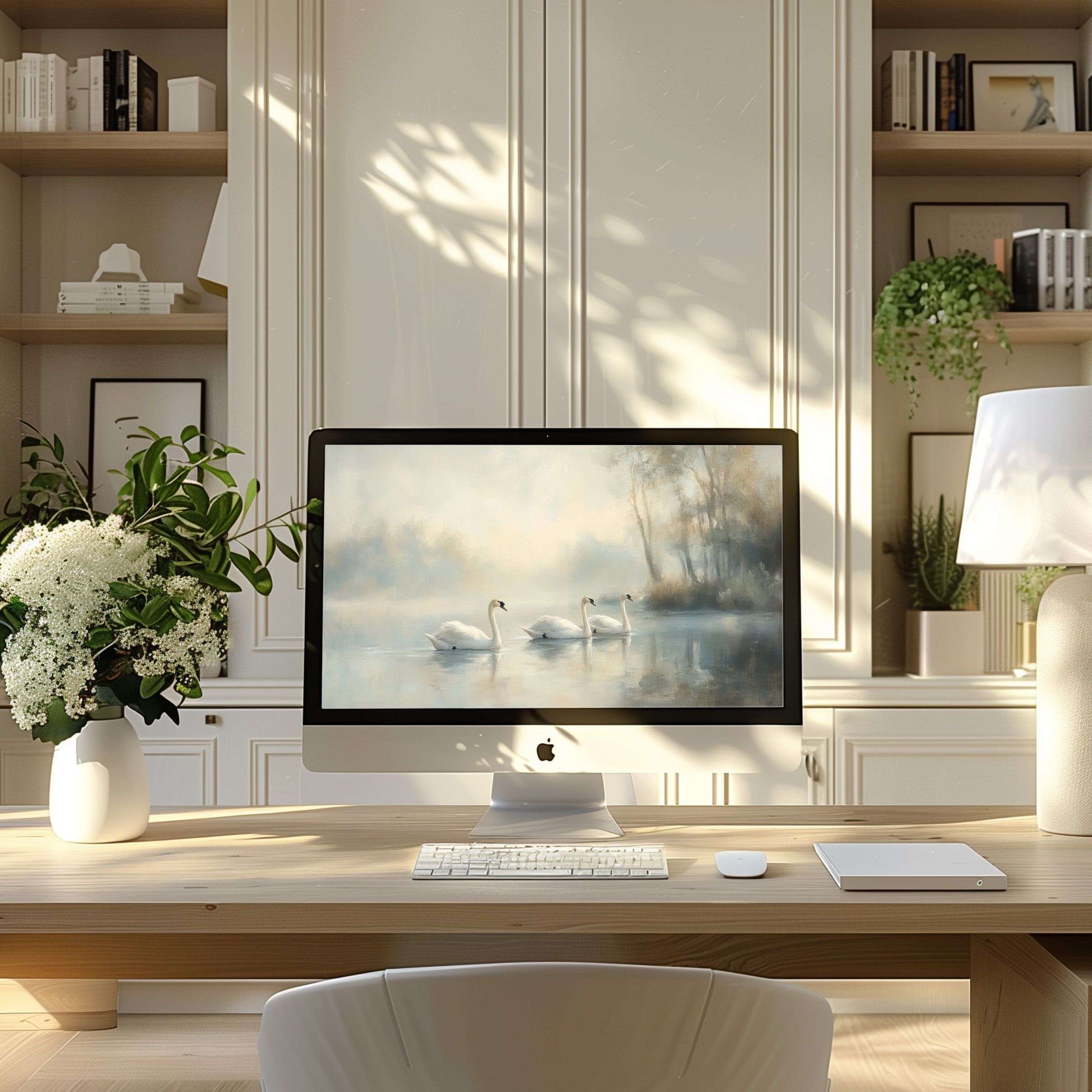 Swan motif wallpaper for computer offering calm elegance for PC or laptop ideal for modern home office digital download