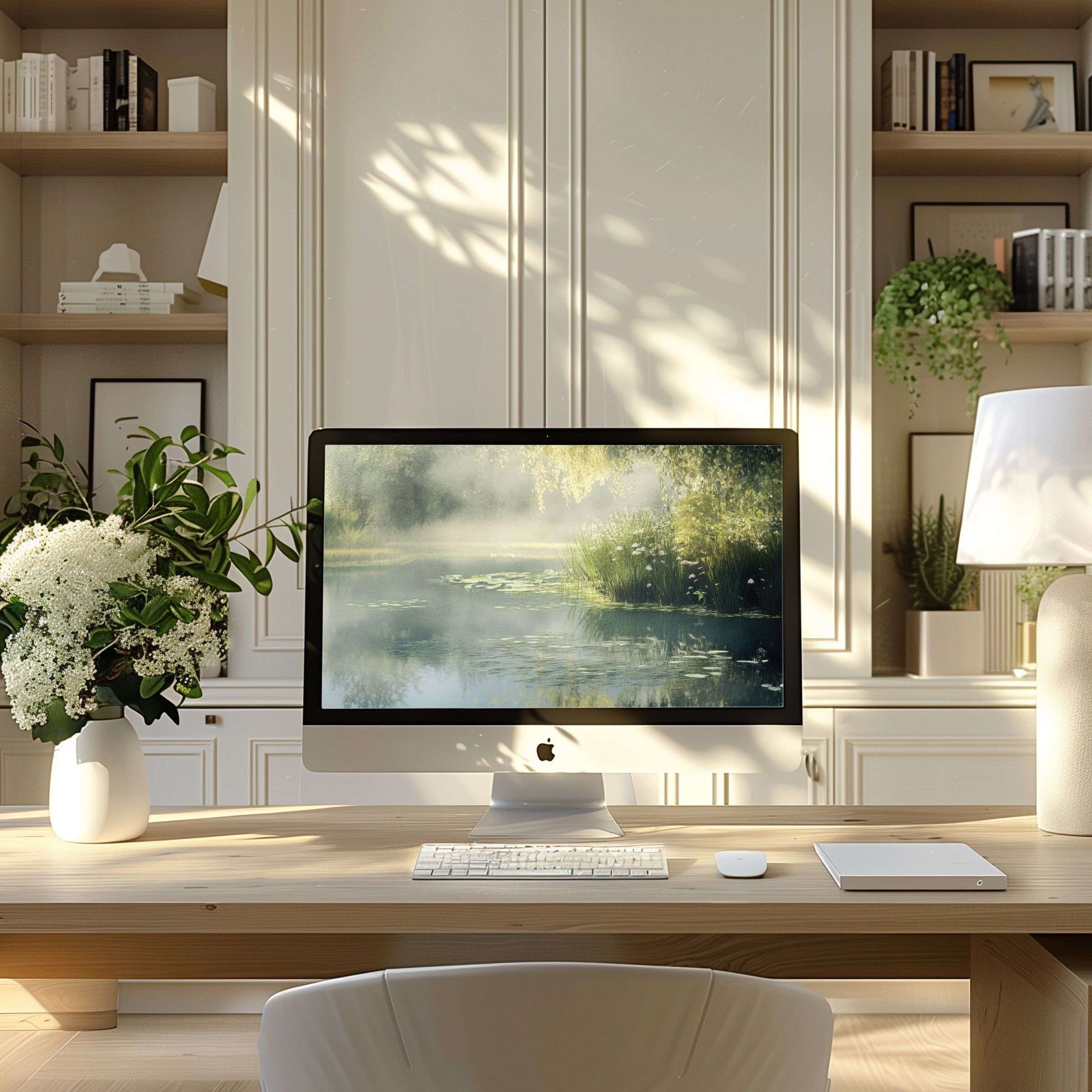 Elegant nature-themed wallpaper for computer infuses calm into modern home office setting, fitting PC, laptop, ultrawide screens