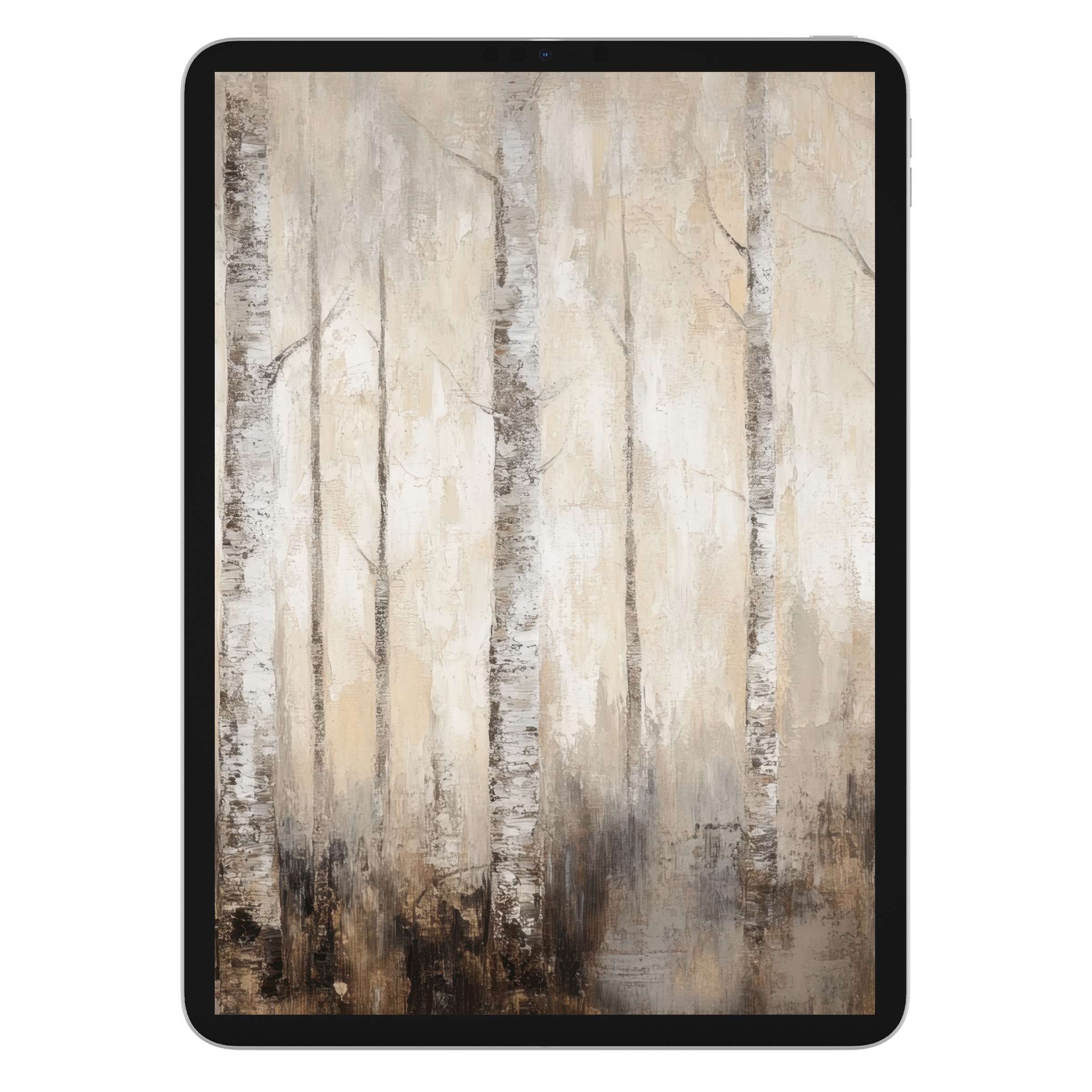 Calm vintage iPad wallpaper with serene birch trees, perfect digital download for elegant tablet background on Samsung and Android