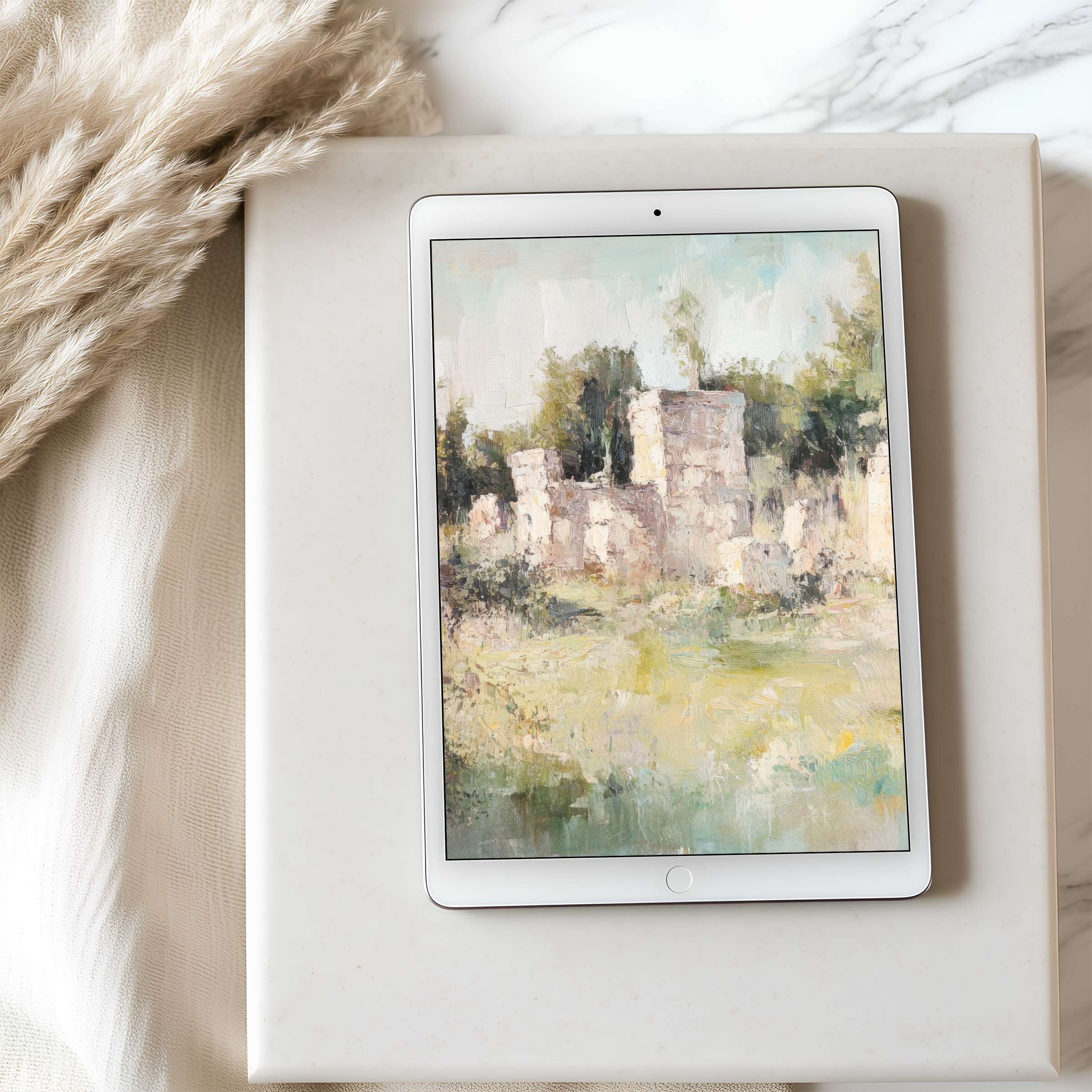 Elegant tablet wallpaper featuring serene pastel landscape art, perfect for high-resolution iPad and Android digital download use