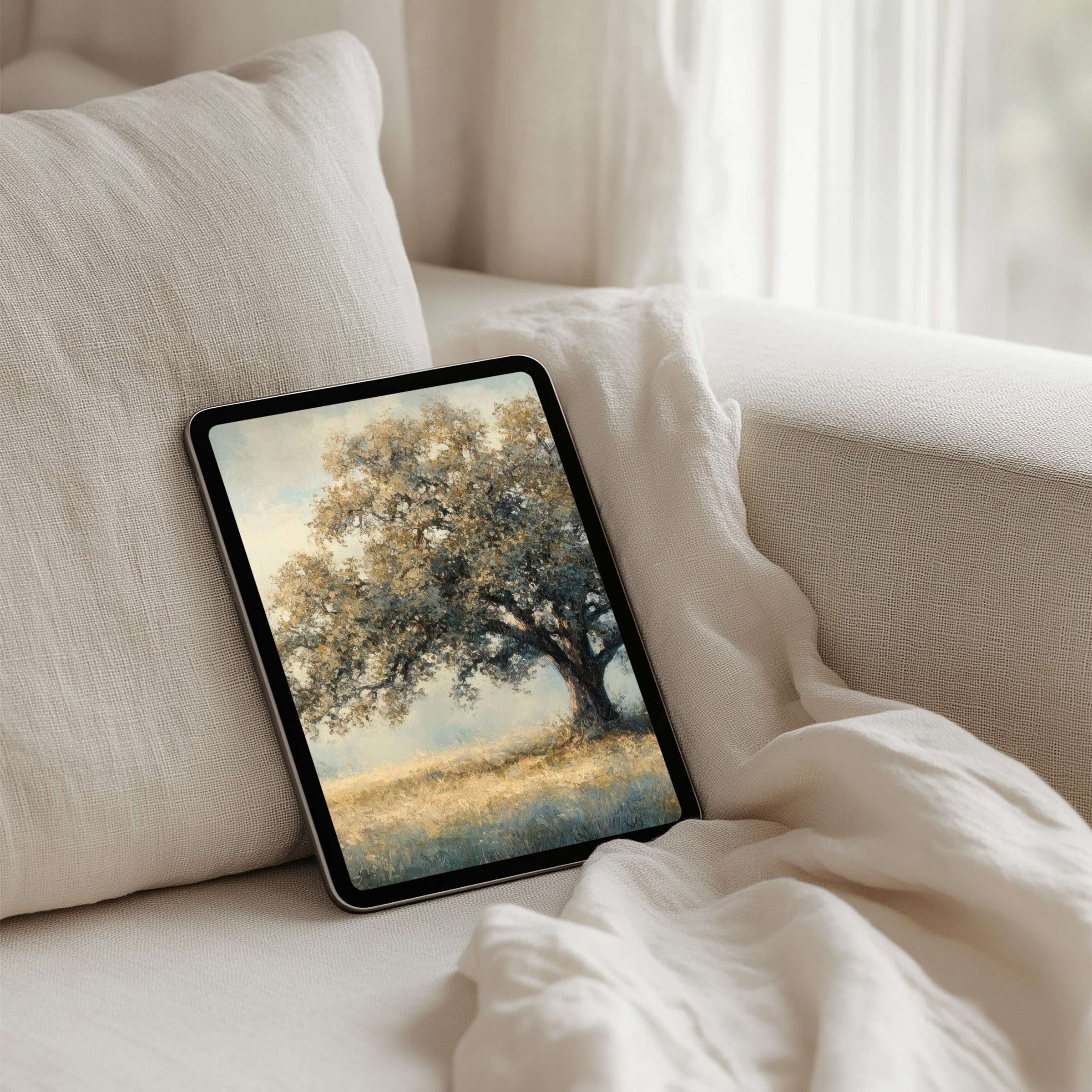 Elegant iPad background with serene tree landscape art for instant download fits all tablets inspiring calm and mindfulness