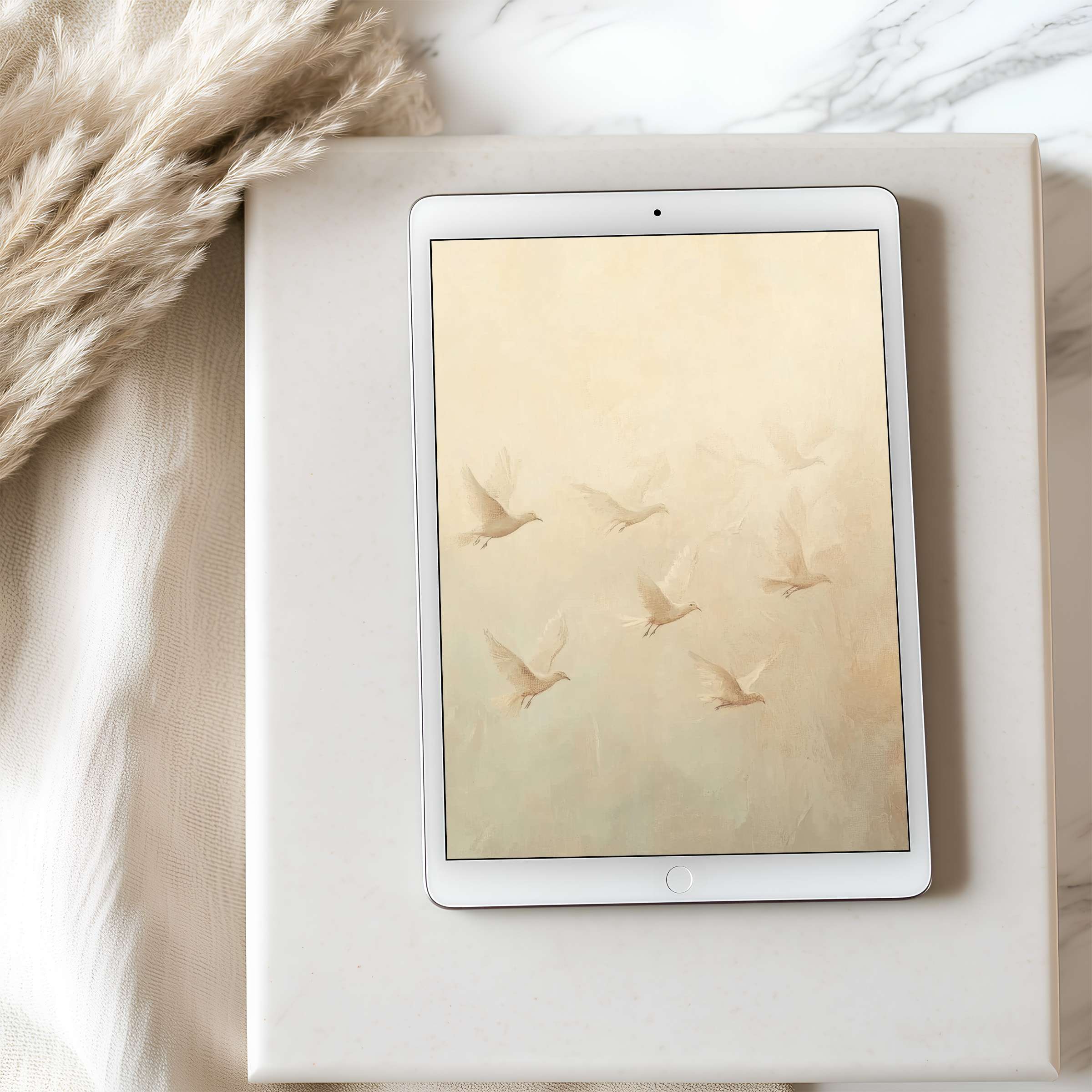 Serene tablet wallpaper with pastel birds in flight, enhancing calm interiors on iPad or Android high resolution display, digital download