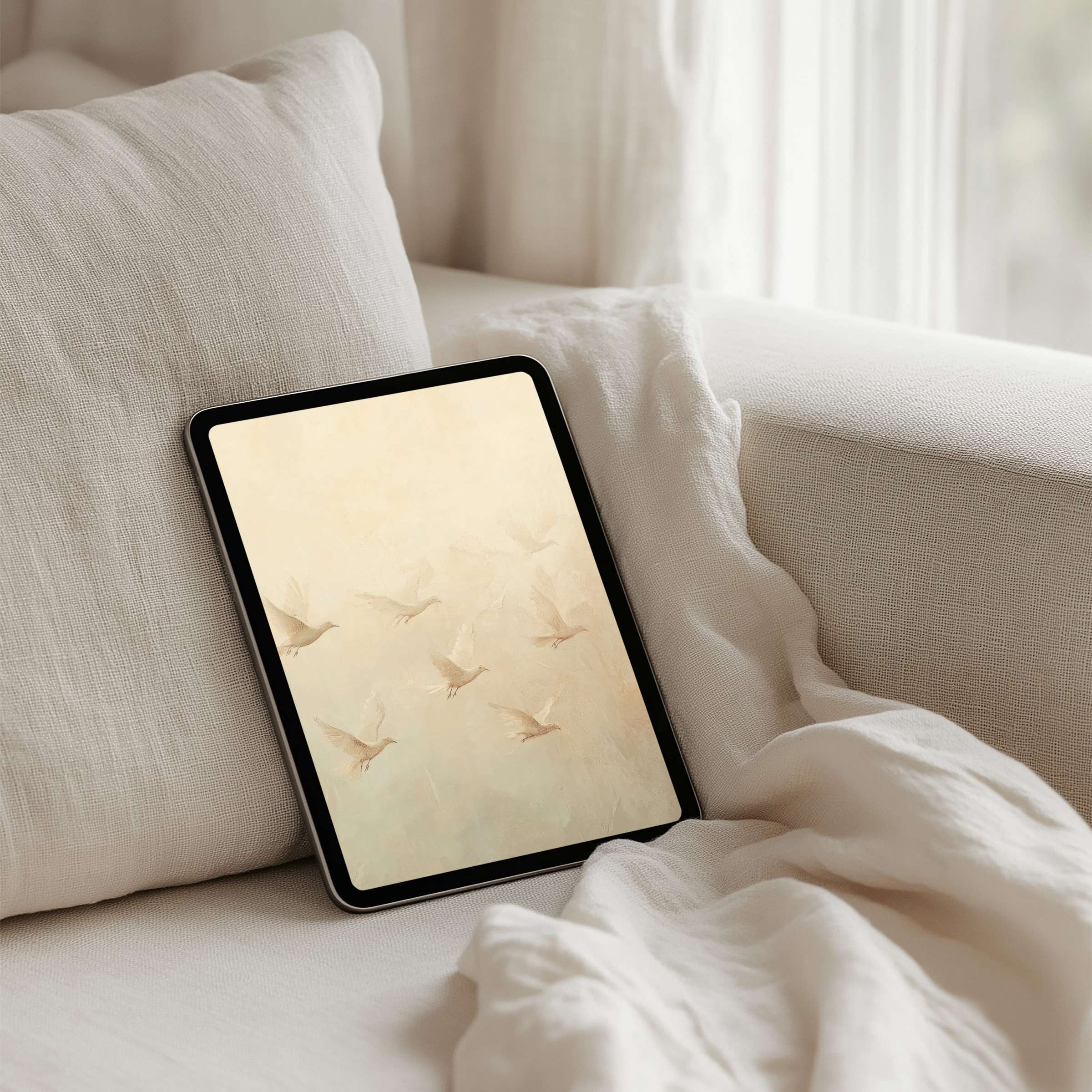 Elegant iPad background with serene bird art for instant download brings calm to any tablet interior with soft, neutral tones