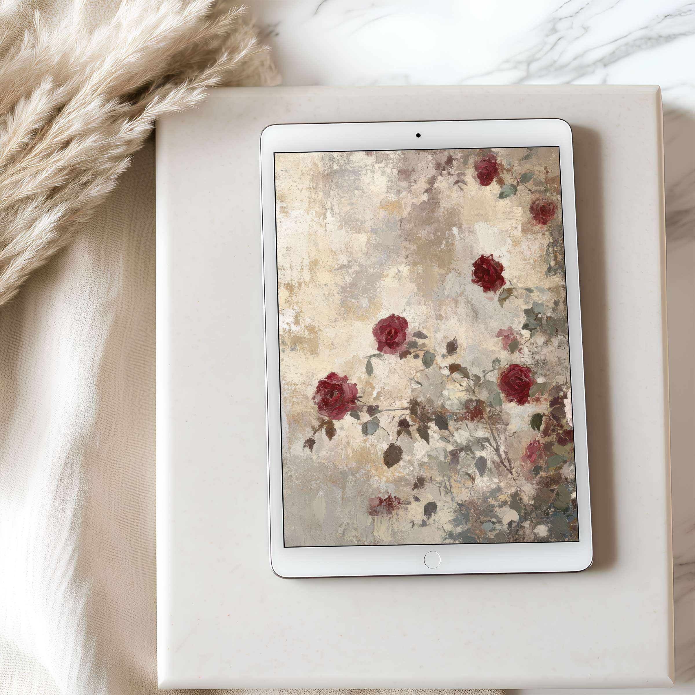 Elegant red roses on a textured background create a serene tablet wallpaper ideal for iPad and Android tablets, available as a digital download