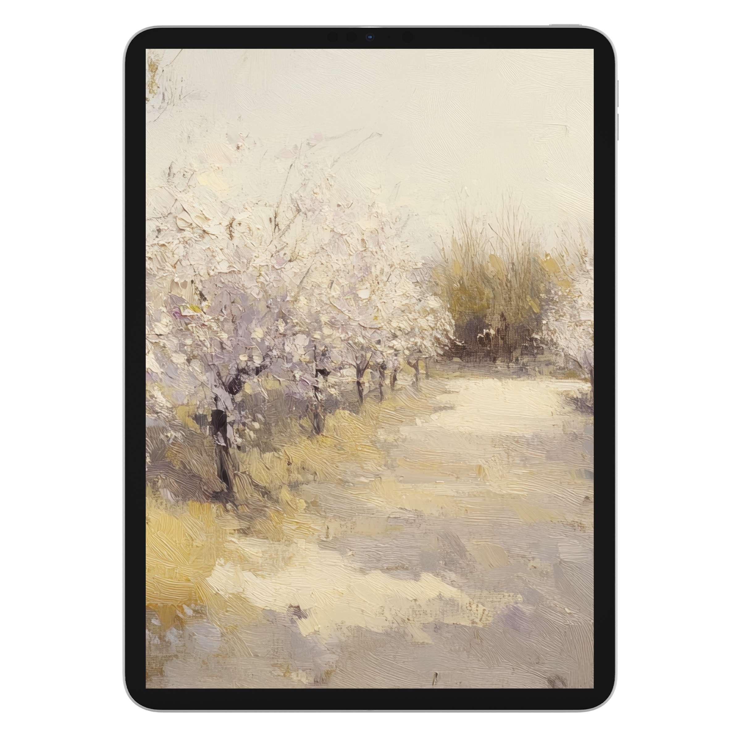 Vintage iPad wallpaper featuring a serene, pastel-hued painted landscape background for tablets in digital download calming aesthetic