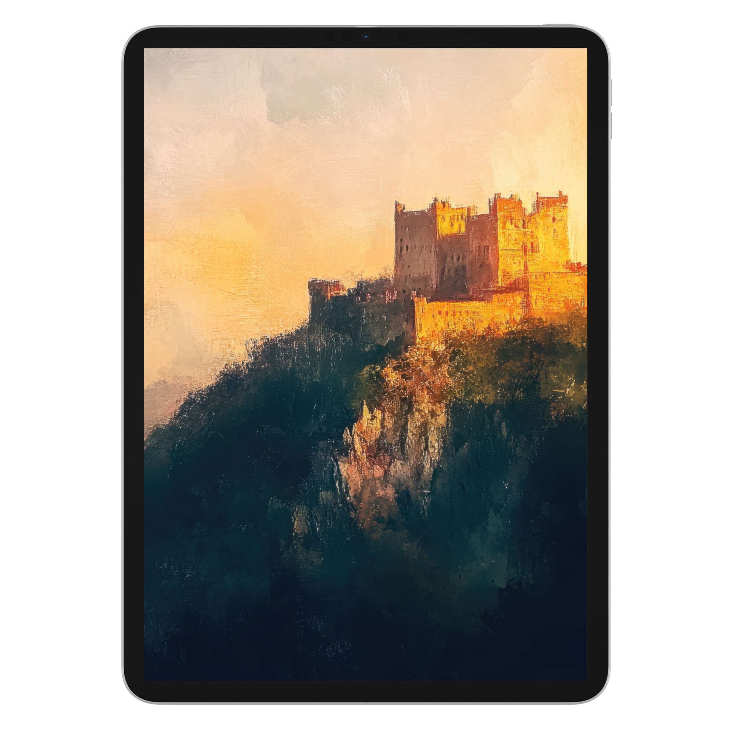 Vintage iPad wallpaper featuring a serene castle at sunset, ideal digital download for tablet users seeking an artistic background