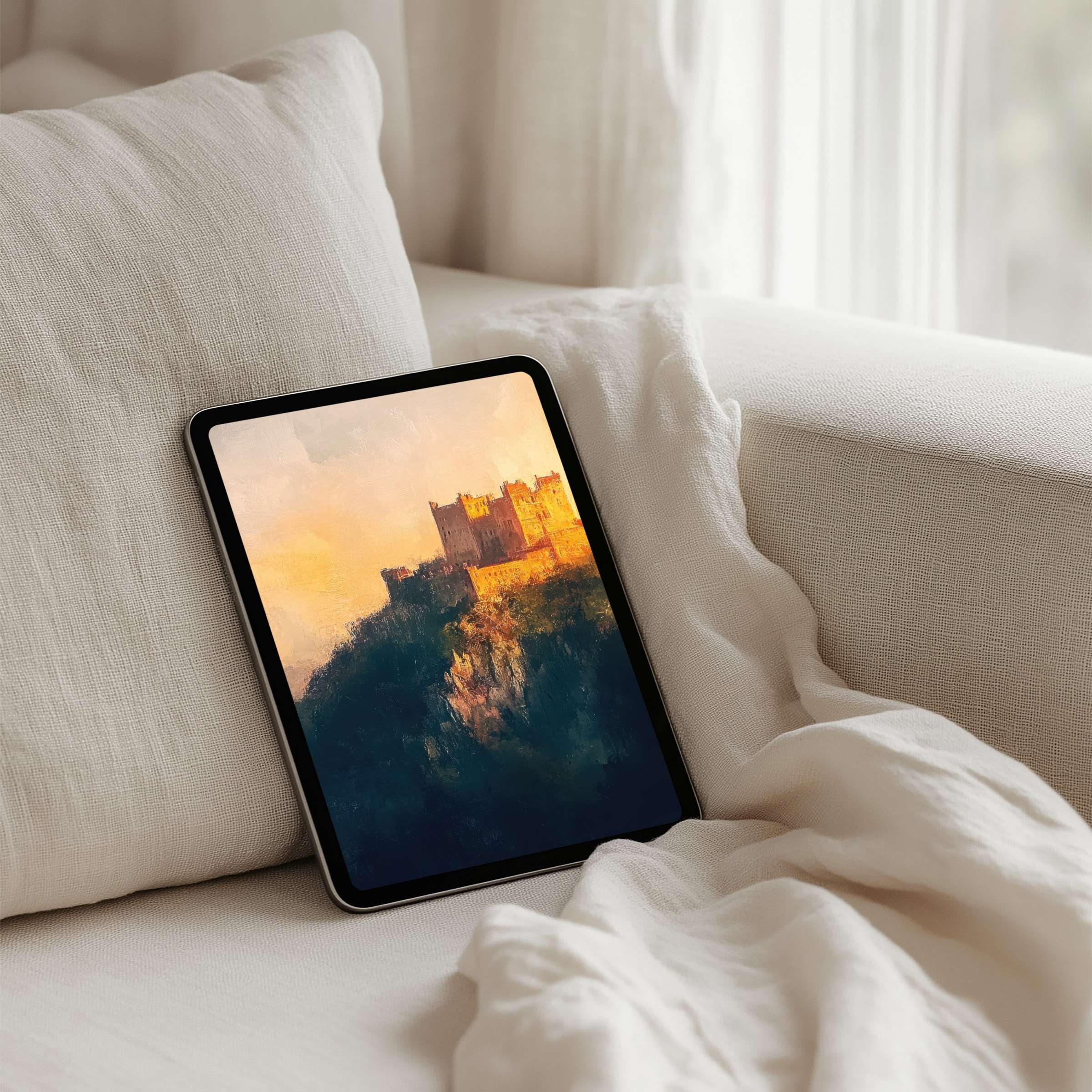 Elegant castle art iPad background for instant download offers calm mindfulness and fits Samsung, Android tablets beautifully