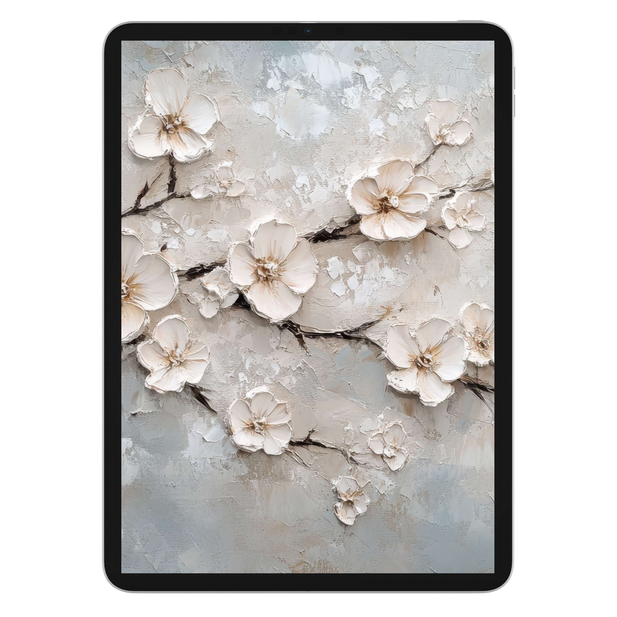 Elegant vintage iPad wallpaper featuring delicate white blossoms on a textured background digital download for tablets enhancing tranquility