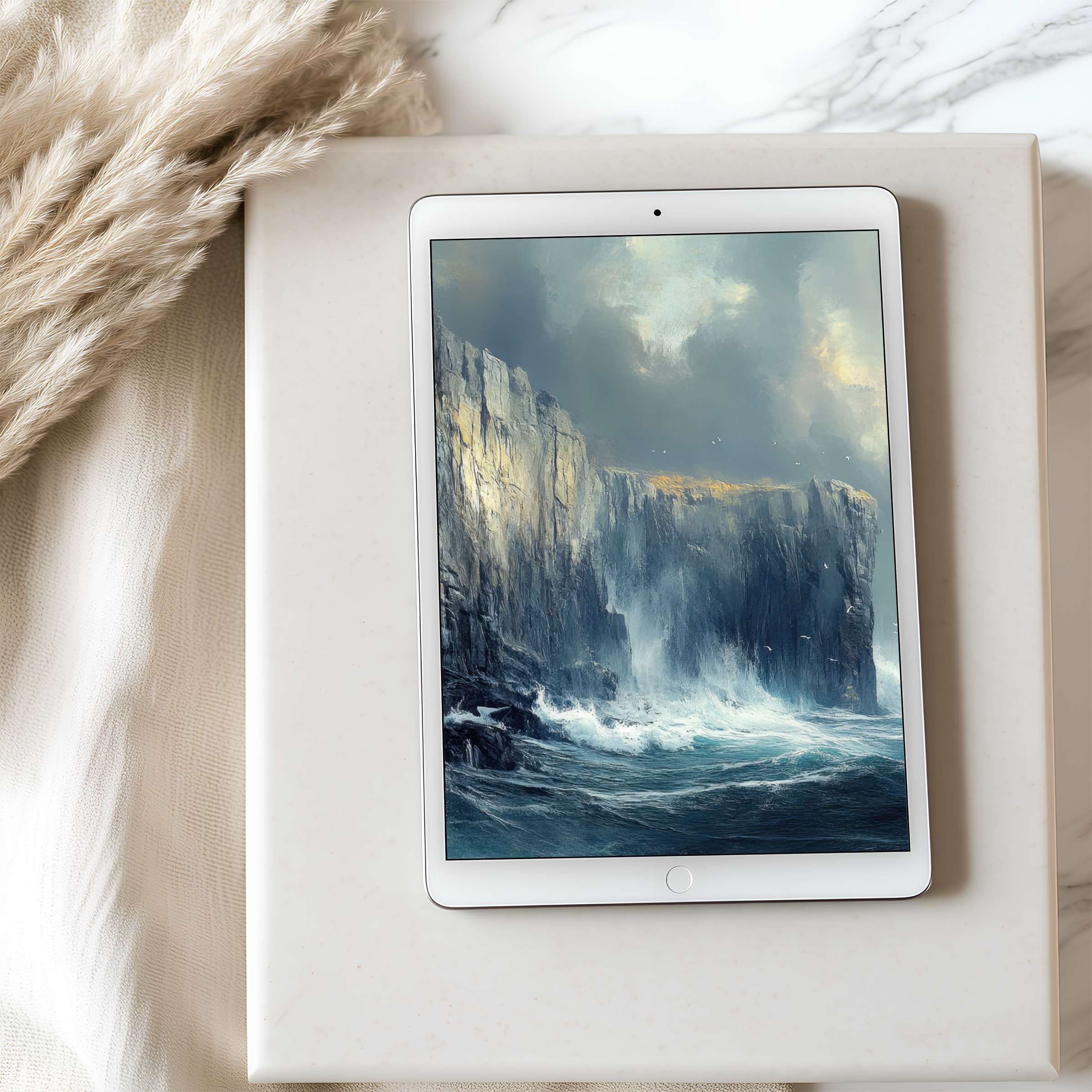 Elegant tablet wallpaper featuring a stormy seascape on a high-resolution iPad adds tranquility and style to any digital space